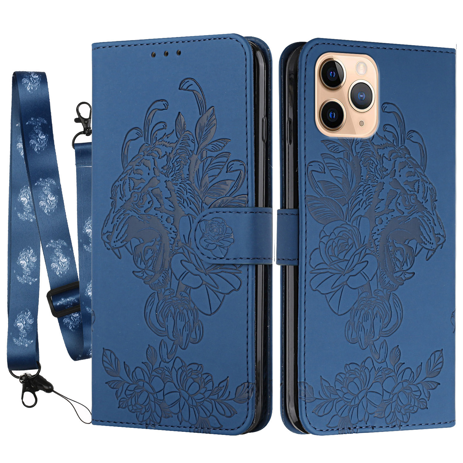 

Tiger- Und Blumen-abdruckmuster Anti-drogen-leder-telefonabdeckung Mit Stand Für Iphone 11 Pro 5,8 Zoll - Blau, iPhone 11 Pro