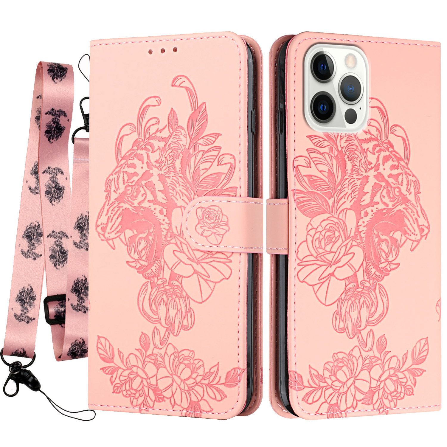 

Tiger Head Imprinting Leather Wallet Cell Phone Stand Case Matching Matching Lanyard for iPhone 12 Pro Max 6.7 inch - Pink, iPhone 12 Pro Max