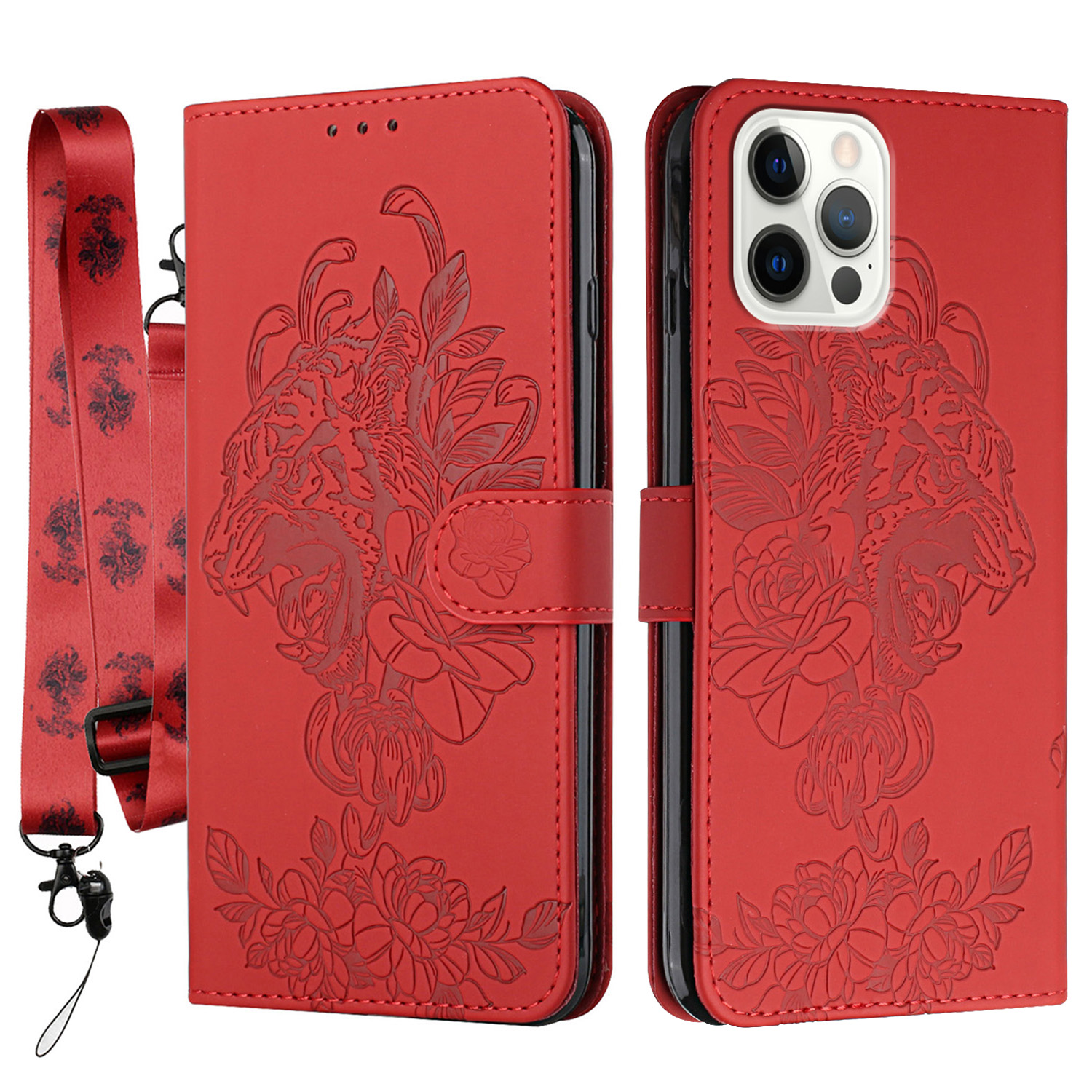 

Tiger Head Imprinting Leather Wallet Cell Phone Stand Case Matching Matching Lanyard for iPhone 12 Pro Max 6.7 inch - Red, iPhone 12 Pro Max