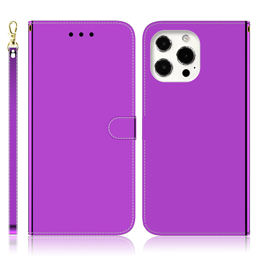 

Mirror-like Surface Shockproof PU Leather Wallet Phone Case for iPhone 13 Pro 6.1 inch - Purple, iPhone 13 Pro