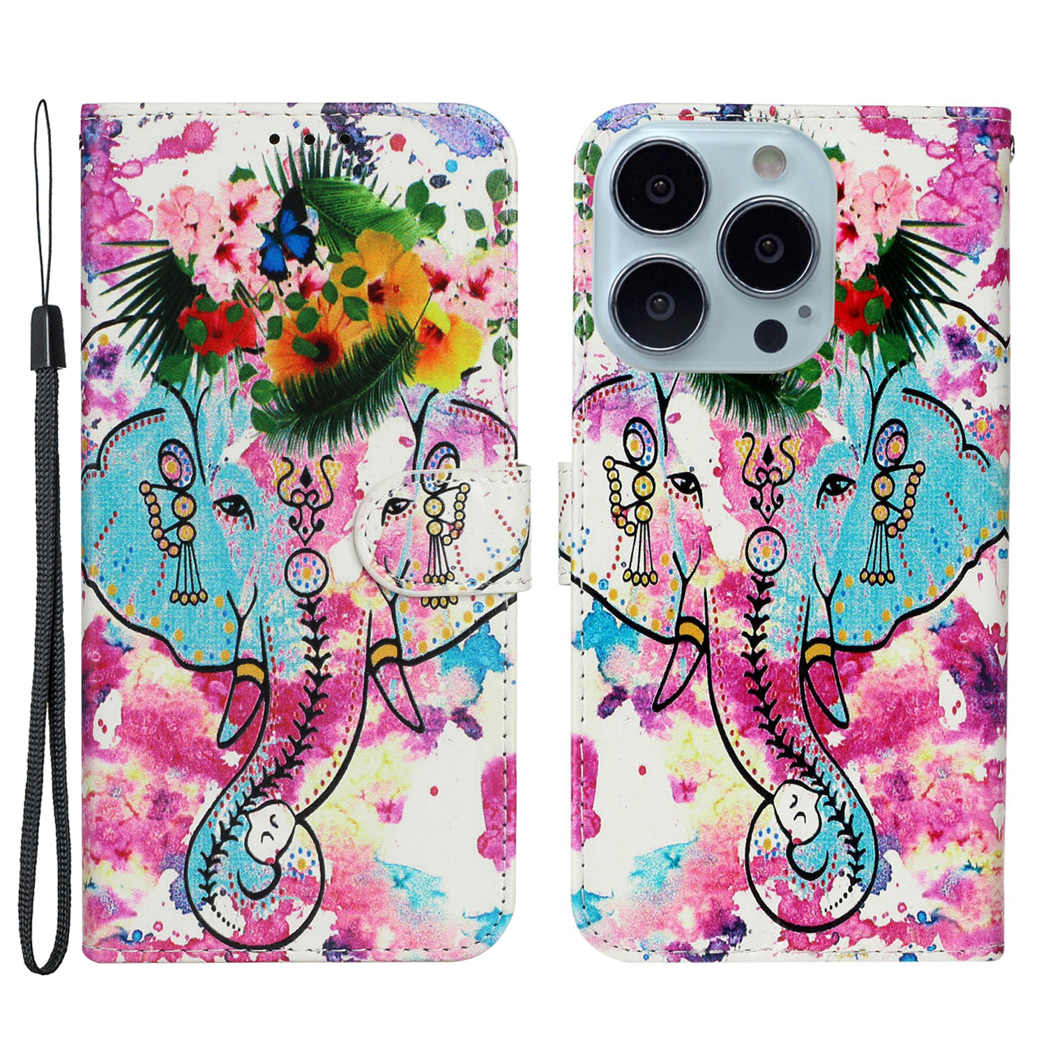 

Wallet Stand Design Pattern Embossed Leather Case Protector with Handy Strap for iPhone 13 Pro Max 6.7 inch - Elephant, iPhone 13 Pro Max