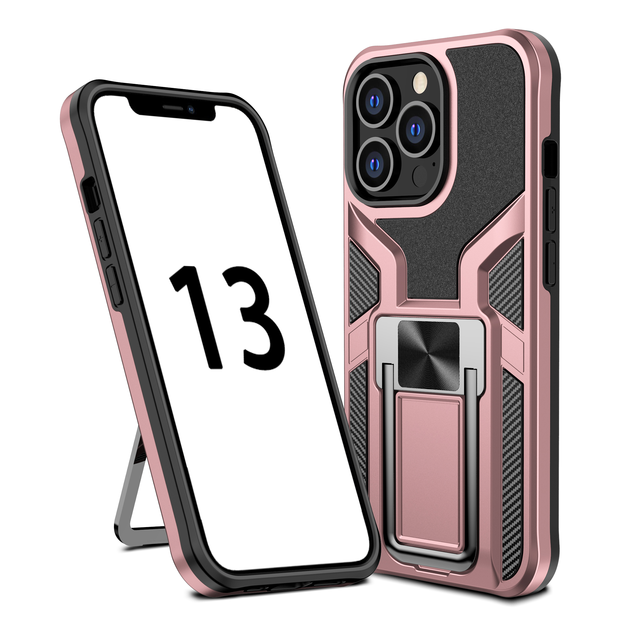 

Armor Series Car Mount Kickstand Hybrid Hard PC Soft TPU Shockproof Protective Case for iPhone 13 Pro 6.1 inch - Rose Gold, iPhone 13 Pro