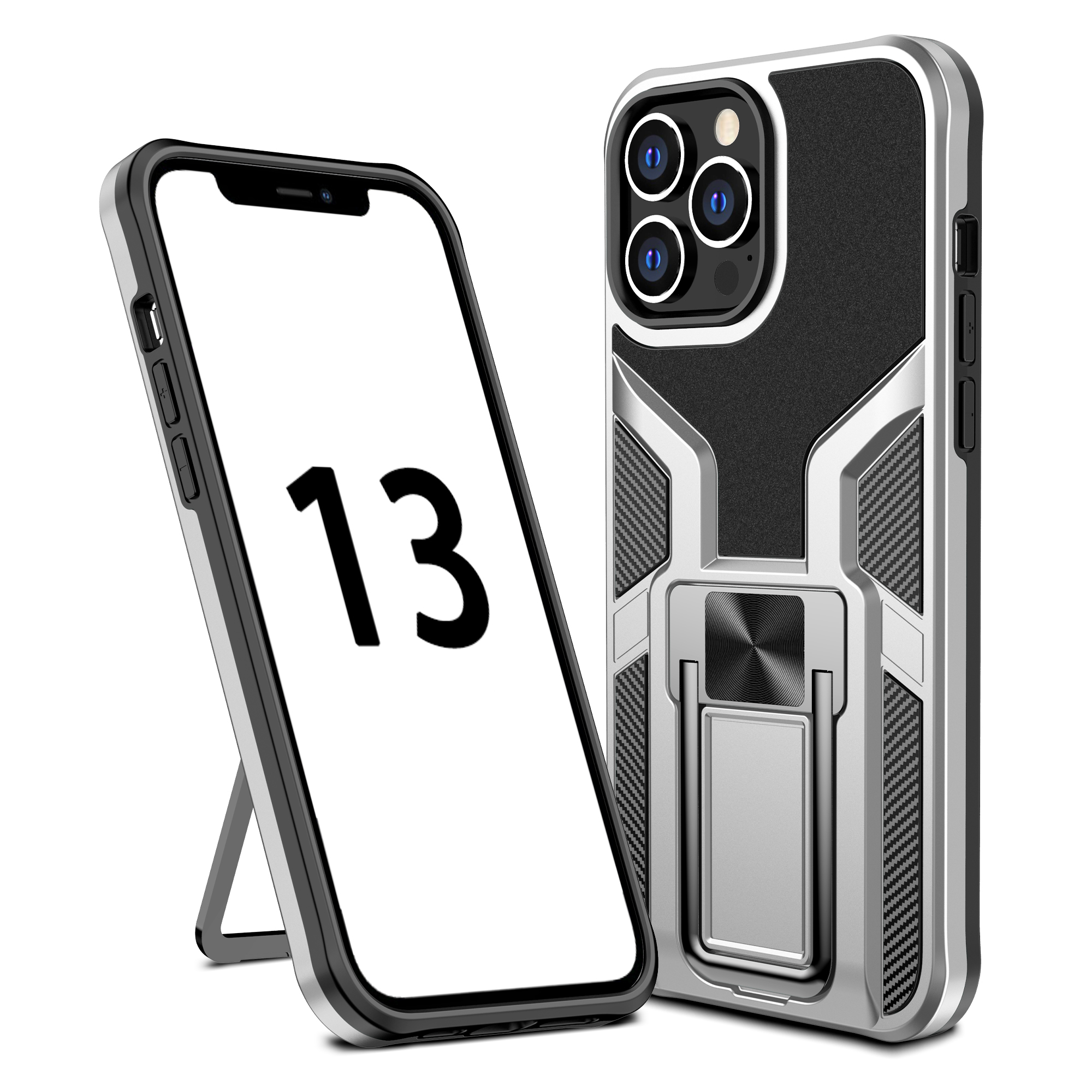 

Armor Series Shockproof PC + TPU Bumper Hybrid Protective Cover with Magnetic Car Mount Kickstand for iPhone 13 Pro Max 6.7 inch - Silver, iPhone 13 Pro Max