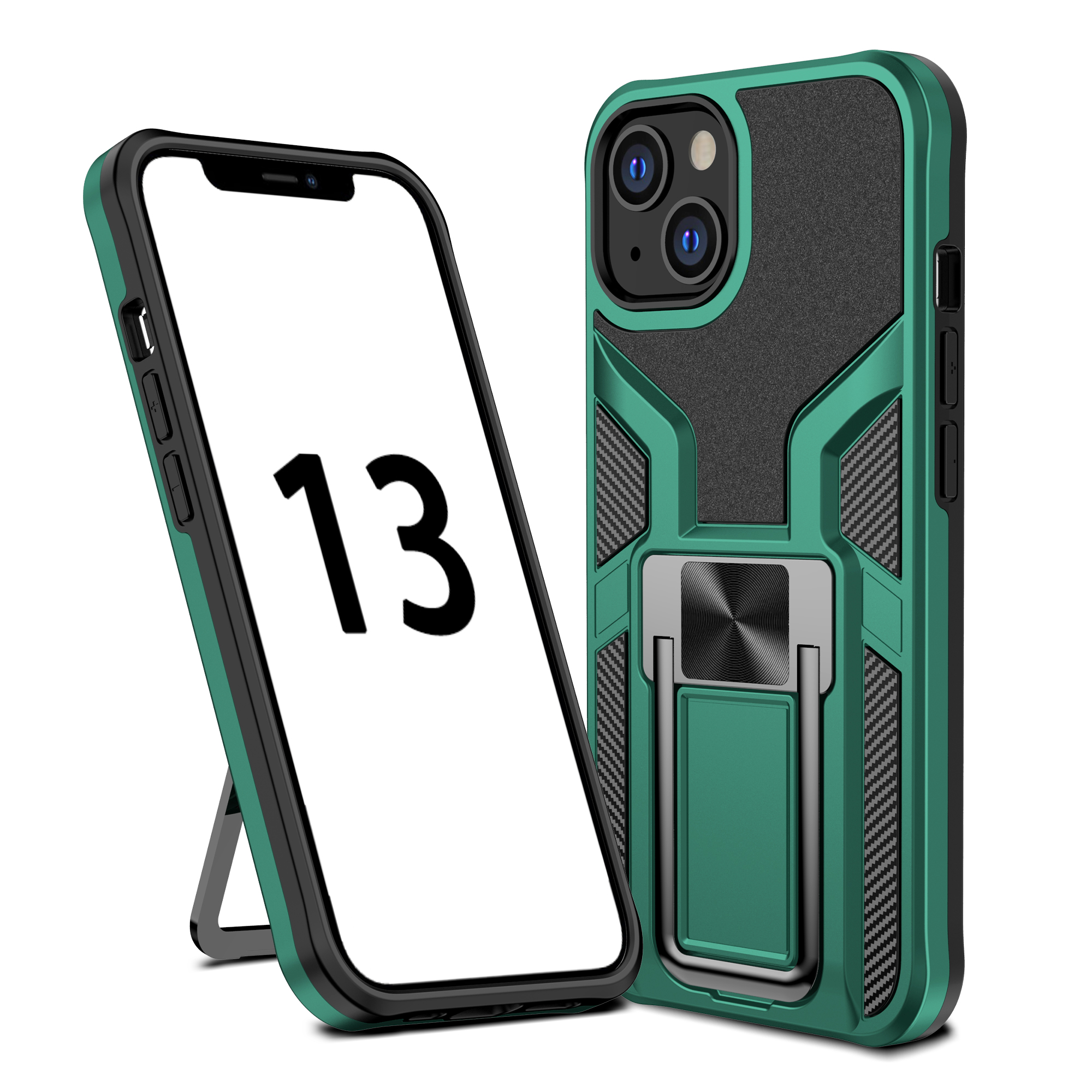 

Armor Series Hard PC TPU Bumper Hybrid Anti-Fall Protective Cover with Car Mount Kickstand for iPhone 13 6.1 inch - Green, iPhone 13