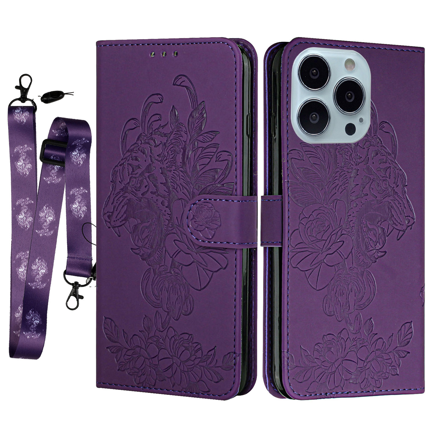 

Drop-resistant Tiger and Flower Imprint Pattern Leather Wallet Phone Shell for iPhone 13 Pro Max 6.7 inch - Purple, iPhone 13 Pro Max
