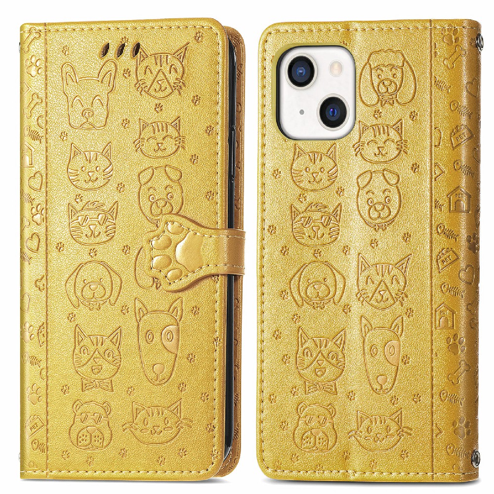 

Устойчивый к Удару Корпус Imprint Cat Dog Pattern Design pu Кожаная Крышка Для Iphone 13 Mini 5,4 Дюйма - Желтый, iPhone 13 mini