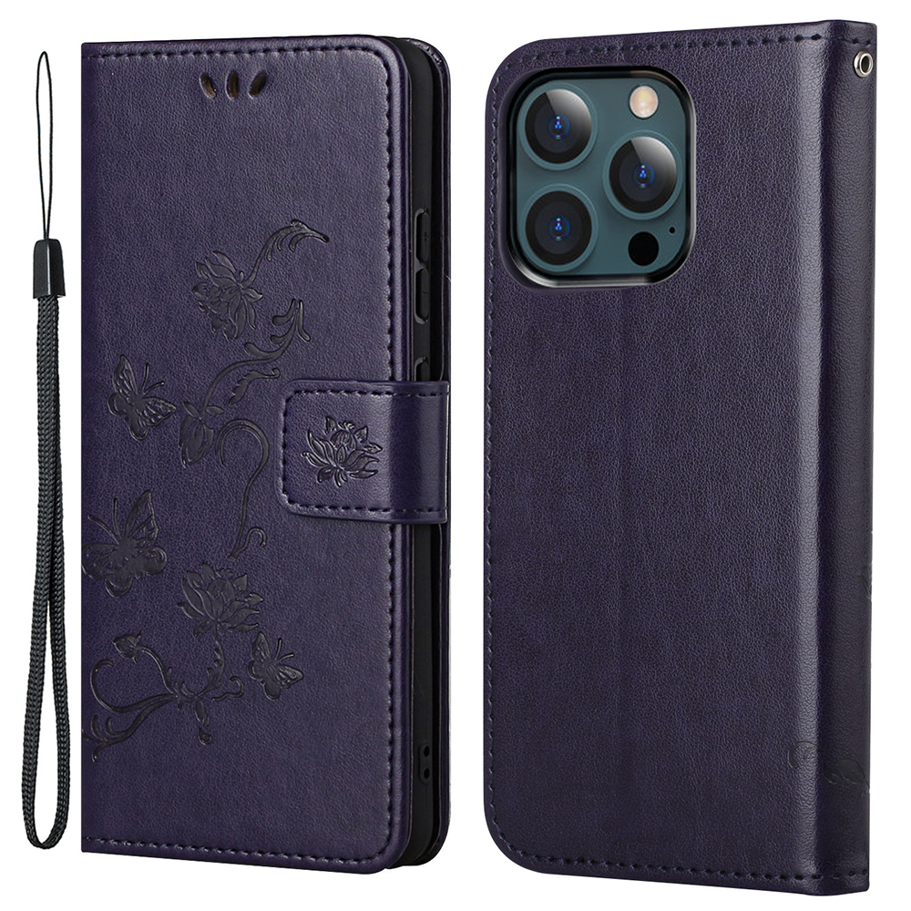 

Butterfly Flower Imtrint Кожаная Кожаная Подставка Для Кошелька Для Оболочки Телефона Для Iphone 13 Pro Max 6,7 Дюйма - Темно Фиолетовый, iPhone 13 Pro Max