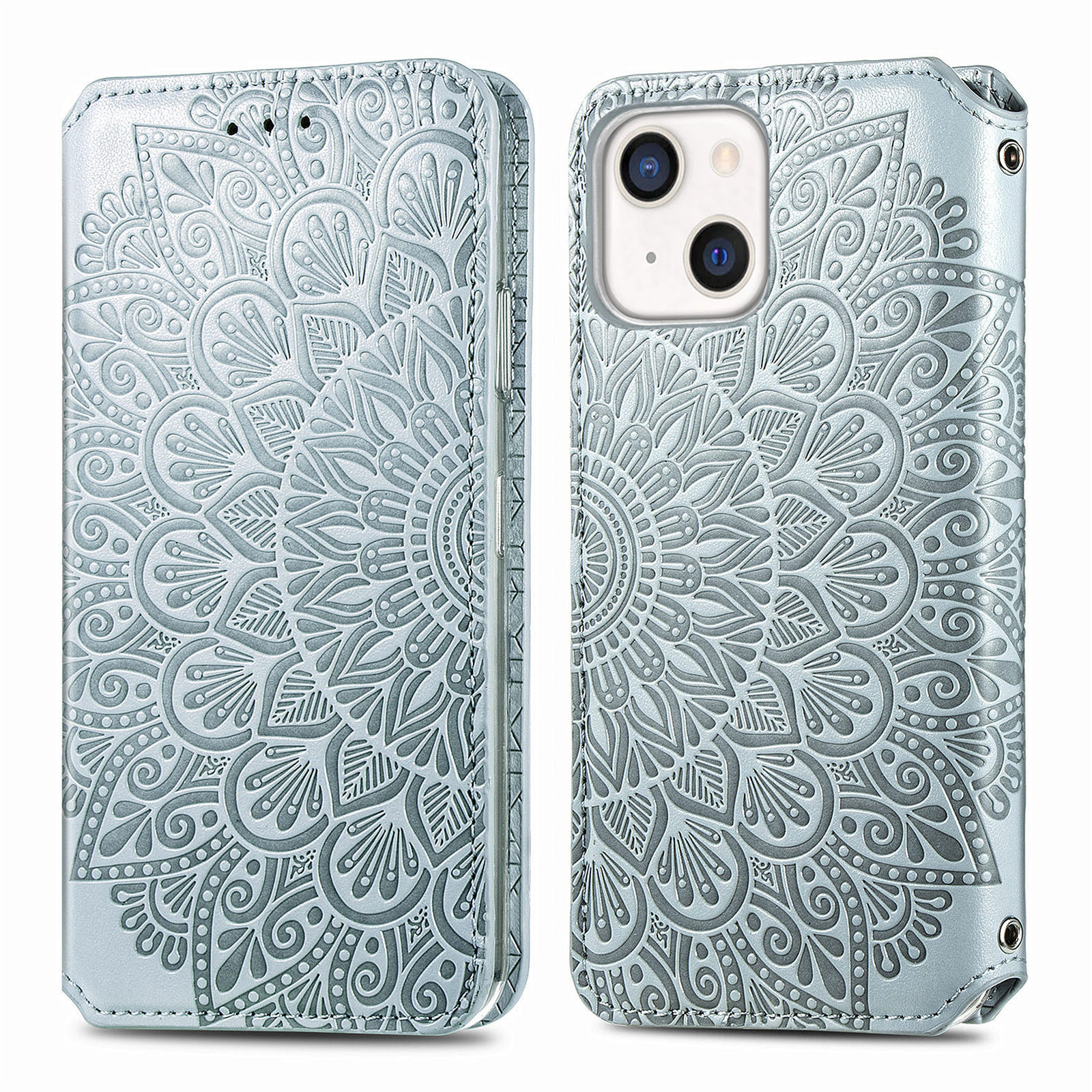 

Magnetic Auto-absorbed Mandala Flower Imprinted Stand Wallet PU Leather Phone Case Shell for iPhone 13 mini 5.4 inch - Grey, iPhone 13 mini