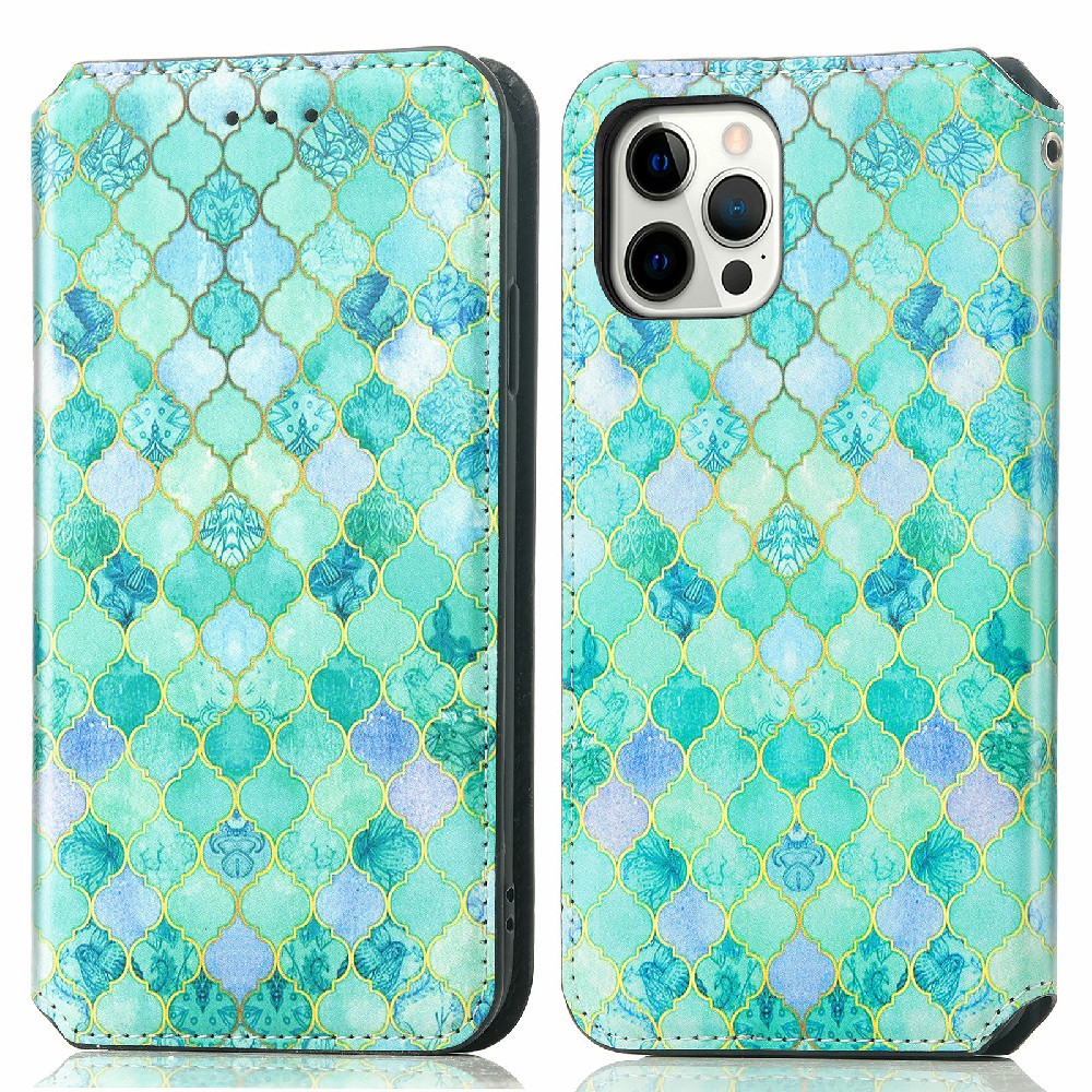 

CASENEO 001 Series Wallet Design Folio Flip Colorful Pattern Printing Magnetic Leather Phone Cover Shell for iPhone 12 Pro Max 6.7 inch - Emerald, iPhone 12 Pro Max