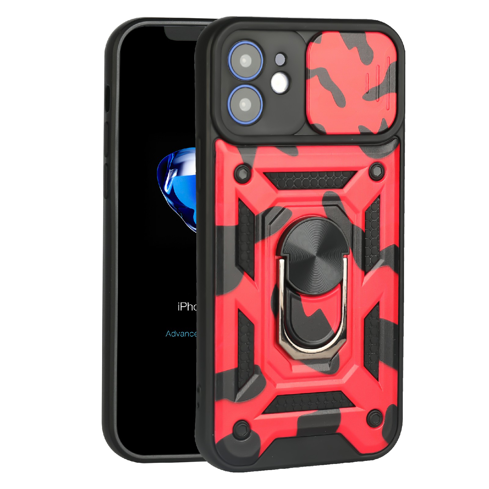 

Camera Slide Protector Shockproof Camouflage Pattern Phone Case with Kickstand for iPhone 12 6.1 inch - Red, iPhone 12