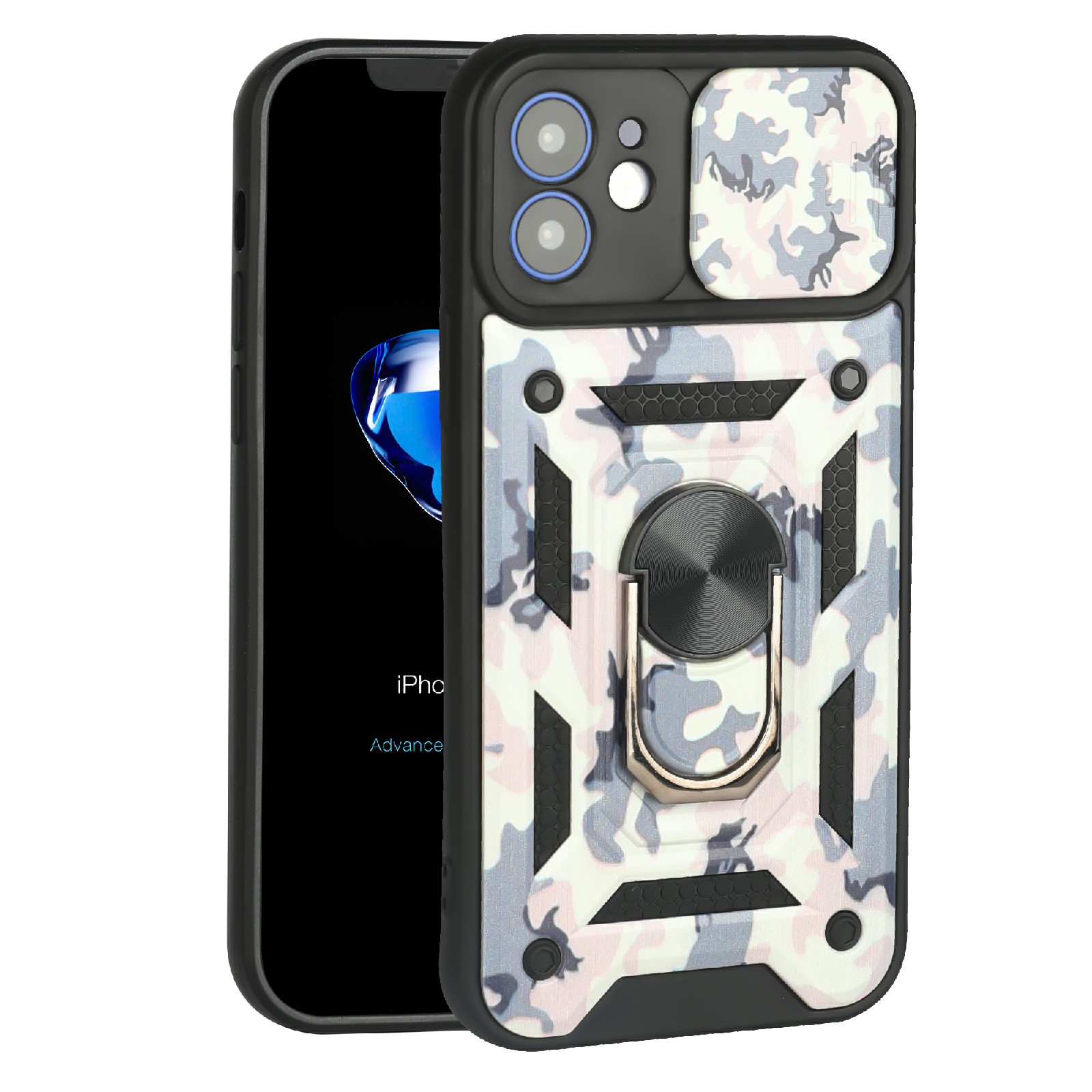 

Camera Slide Protector Shockproof Camouflage Pattern Phone Case with Kickstand for iPhone 12 6.1 inch - Pink, iPhone 12