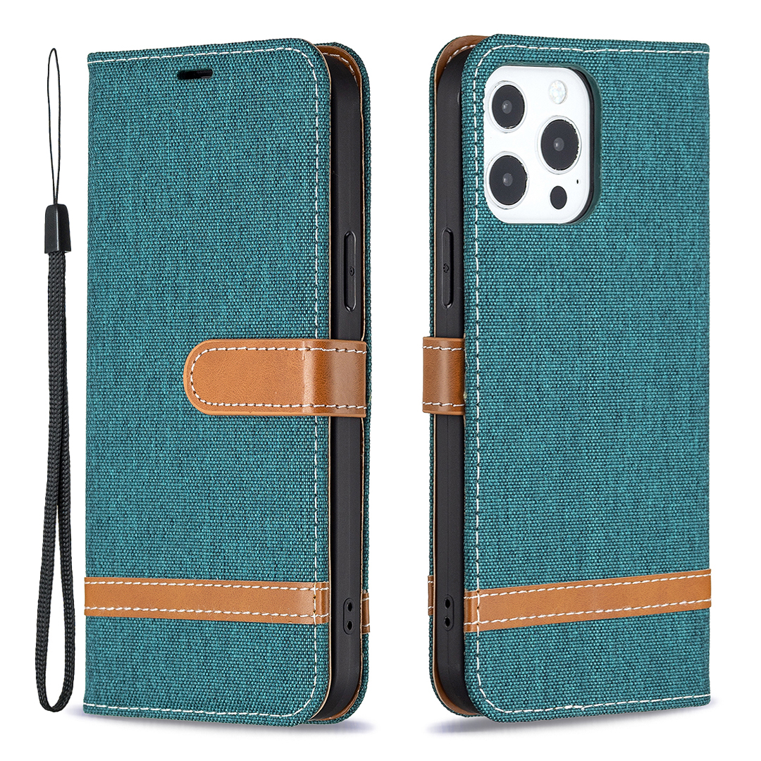 

For iPhone 13 Pro Max 6.7 inch Wallet Design Drop-Proof Jeans Cloth Splicing Leather Stand Phone Cover - Green, iPhone 13 Pro Max