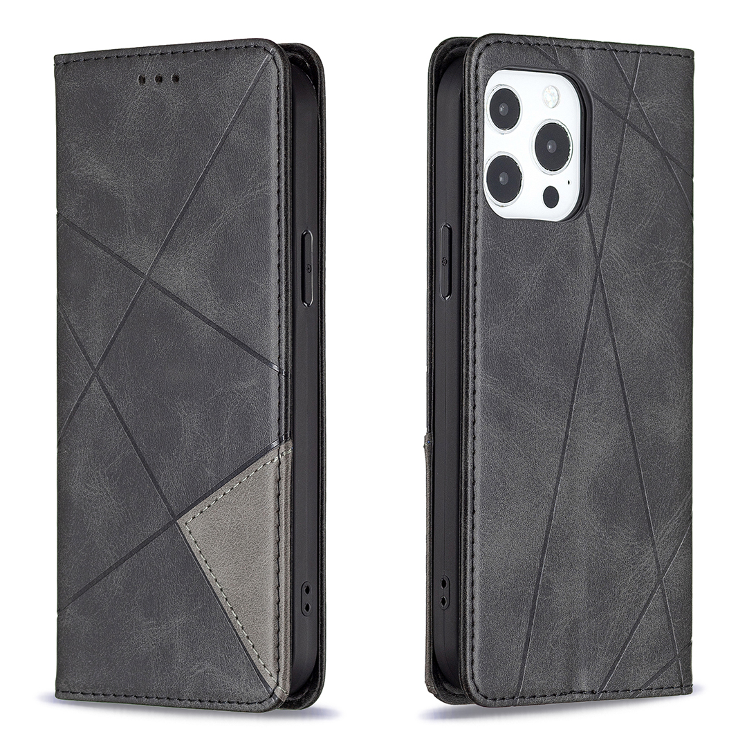 

For iPhone 13 Pro Max 6.7 inch Card Holder Design Geometric Splicing Strong Magnet Leather Case Shell with Stand - Black, iPhone 13 Pro Max