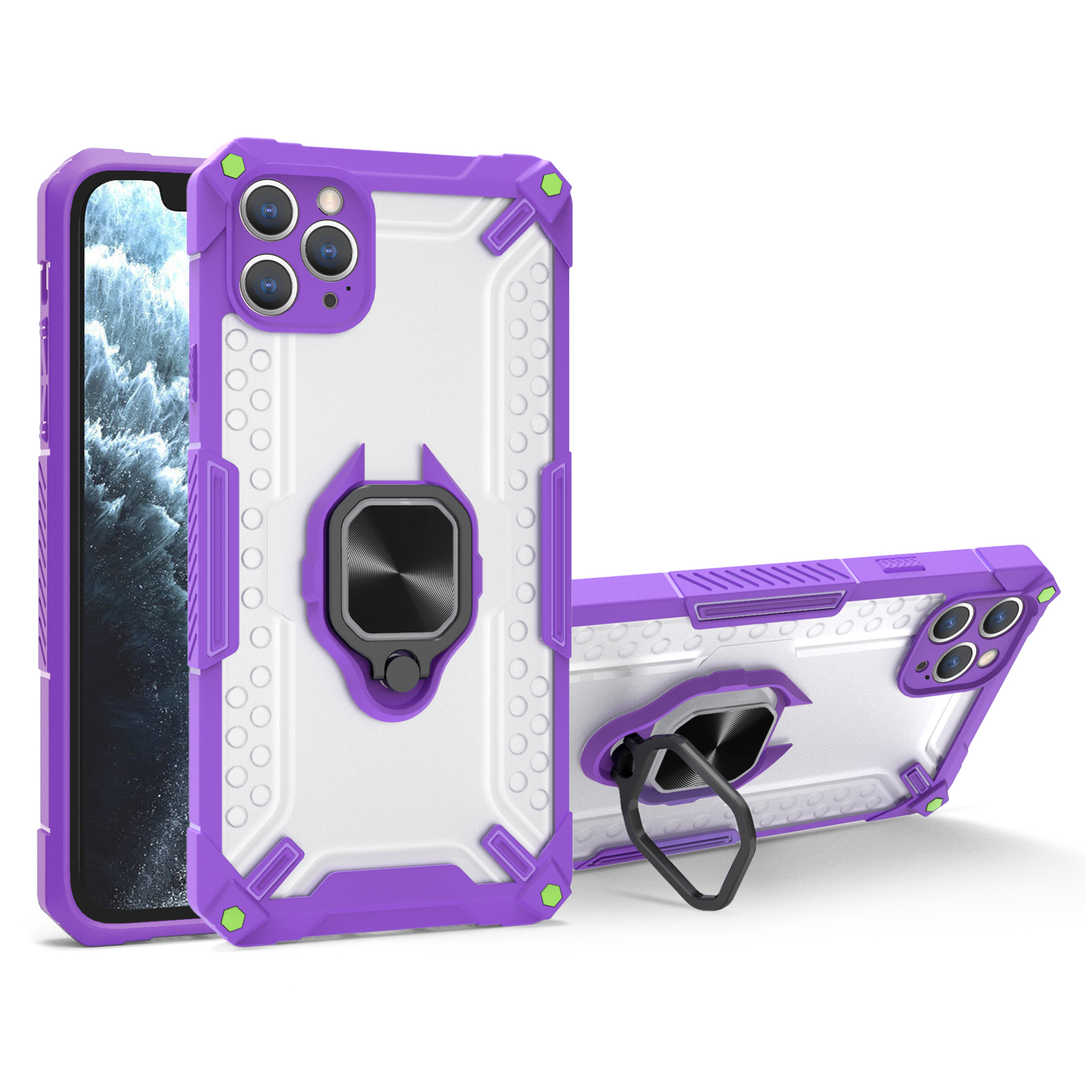 

Kickstand Design PC+TPU Hybrid Phone Case Cover Built-in Magnetic Holder Metal Sheet for iPhone 12 Pro - Purple, iPhone 12 Pro