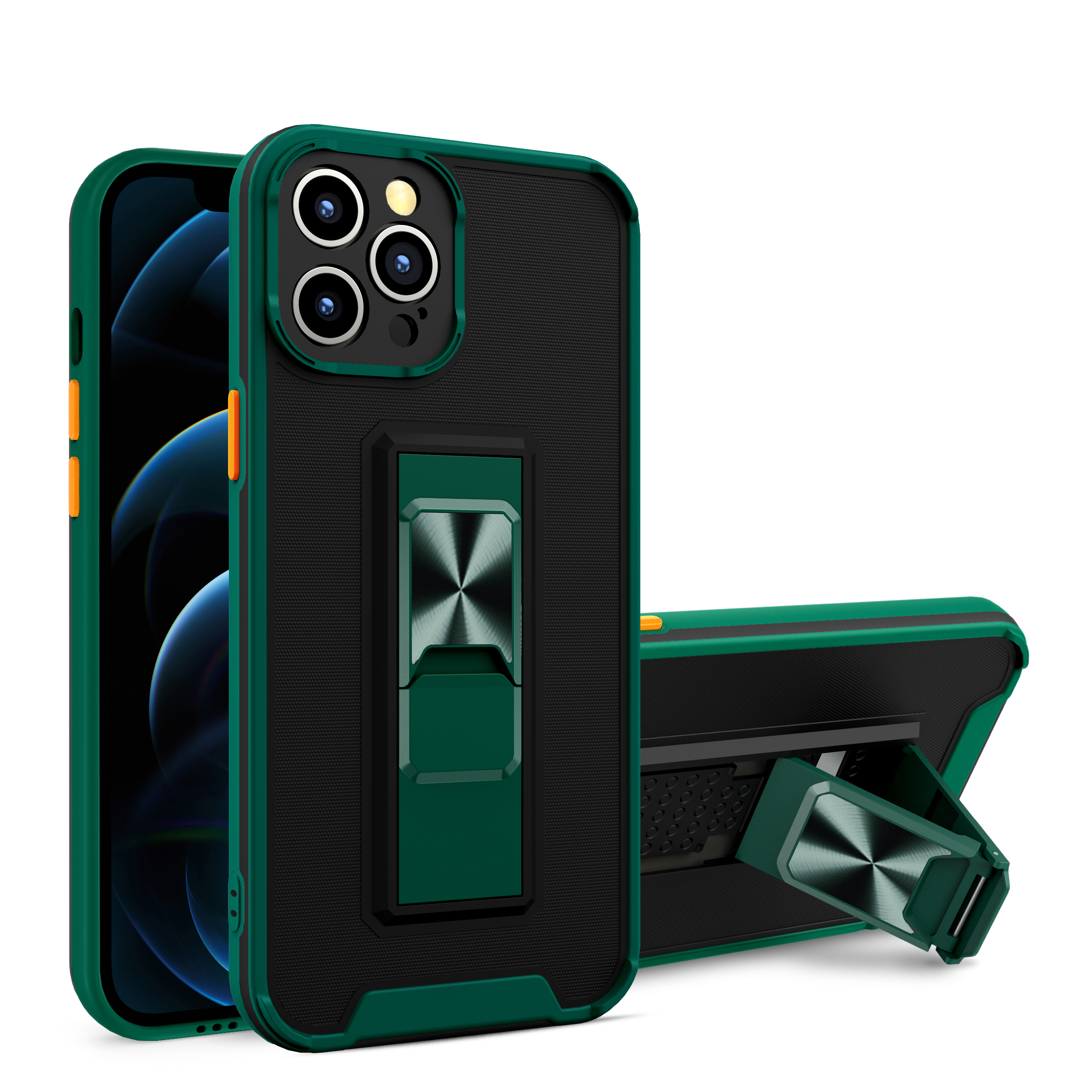 

Skin-touch Feel Bi-color Mobile Phone Back Case with Kickstand for iPhone 12 - Blackish Green, iPhone 12