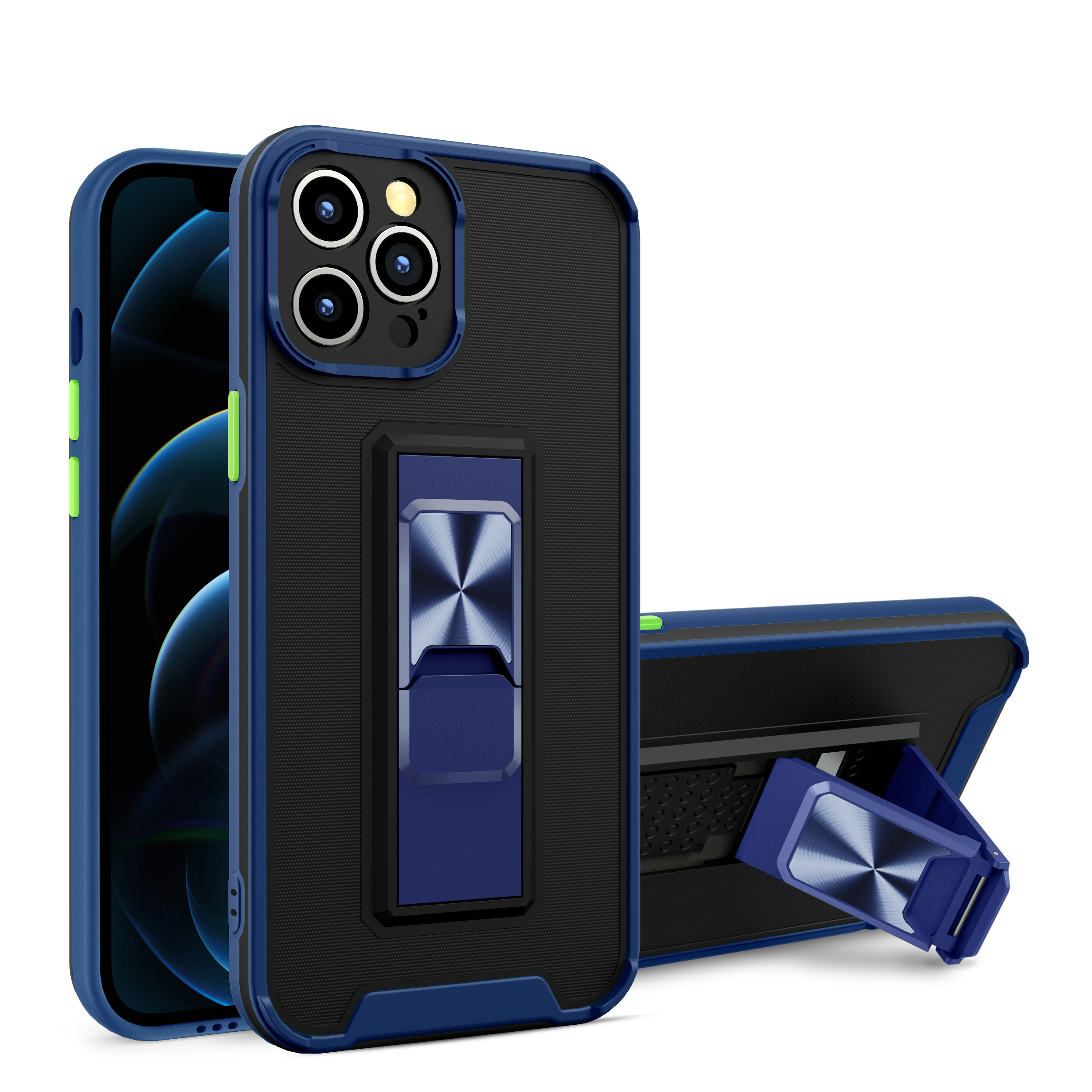 

Skin-touch Feel Bi-color Mobile Phone Back Case with Kickstand for iPhone 12 - Blue, iPhone 12