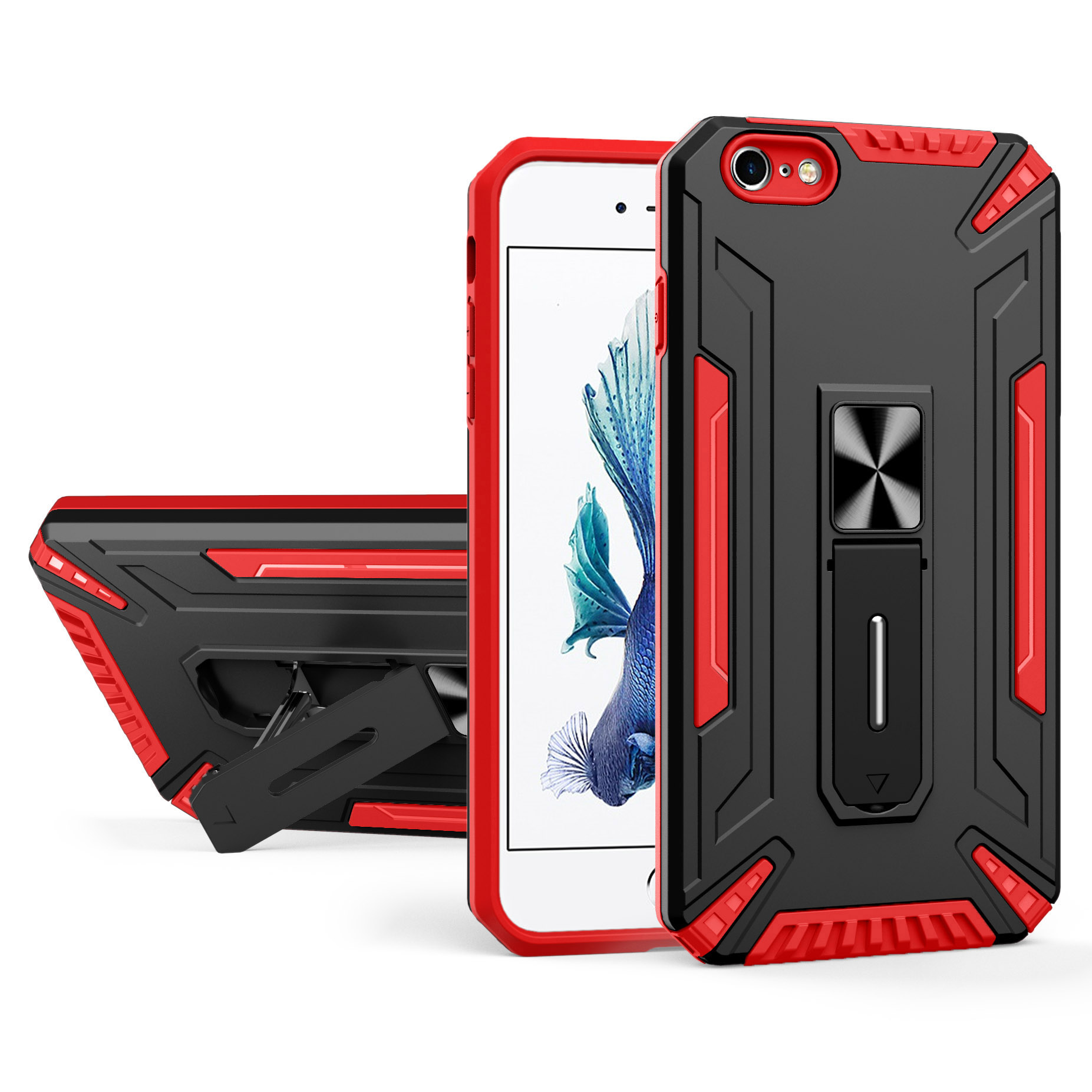 

Hard PC + Soft TPU Anti Fall Hybrid Phone Case Cover with Kickstand and Built-in Metal Sheet for iPhone 7 4.7 inch/8 4.7 inch/SE (2020)/SE (2022) - Red/Black, iPhone SE (2022)