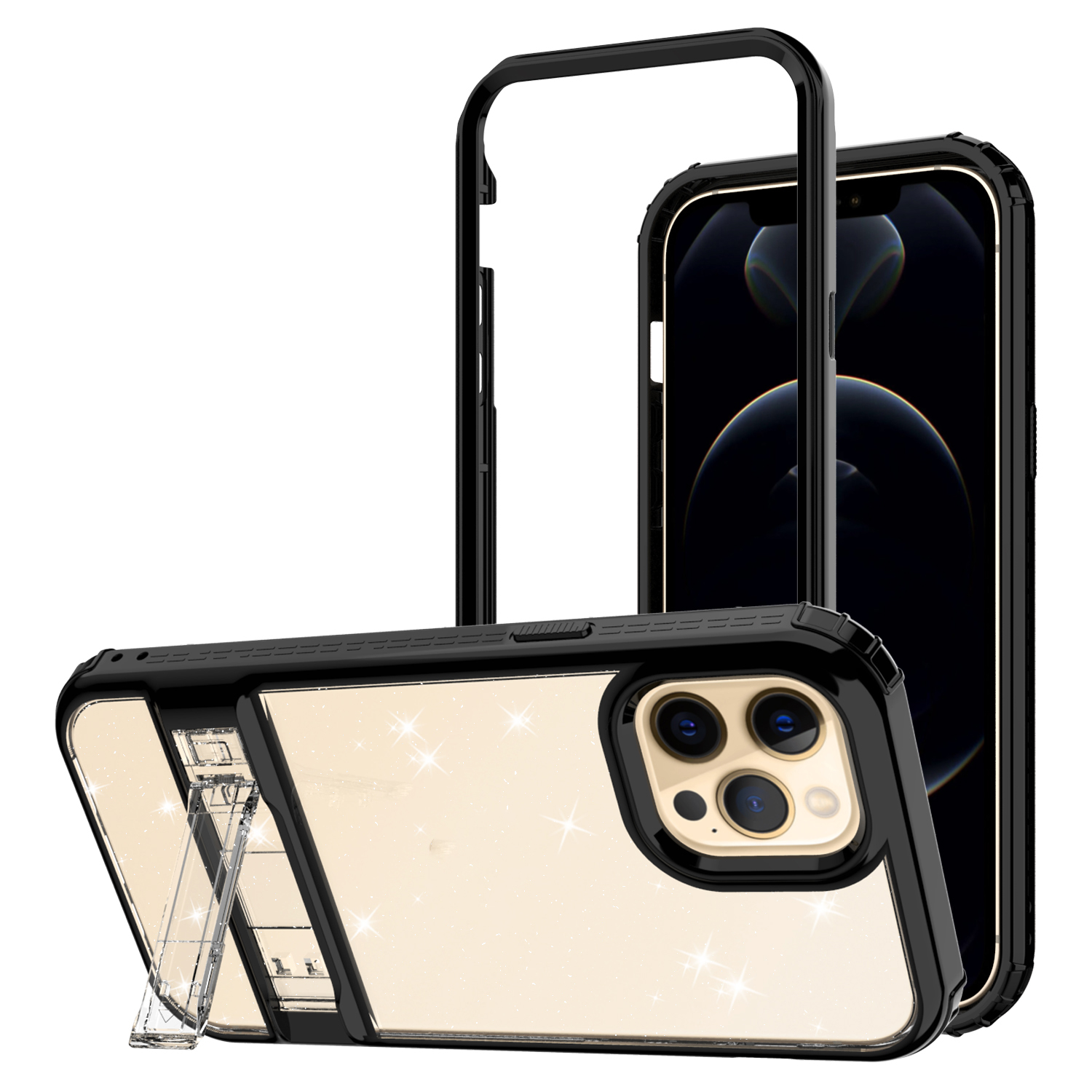 

GW18-P Electroplating Bumper Hard PC + Soft TPU Phone Case Shell with Kickstand for iPhone 12/12 Pro - Black, iPhone 12