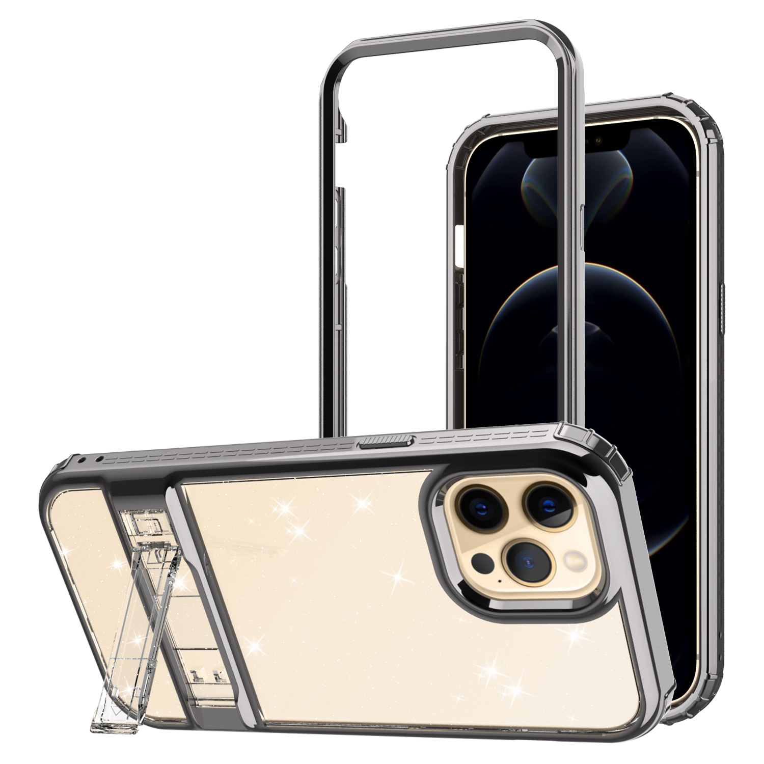 

GW18-P Electroplating Bumper Hard PC + Soft TPU Phone Case Shell with Kickstand for iPhone 12/12 Pro - Silver, iPhone 12