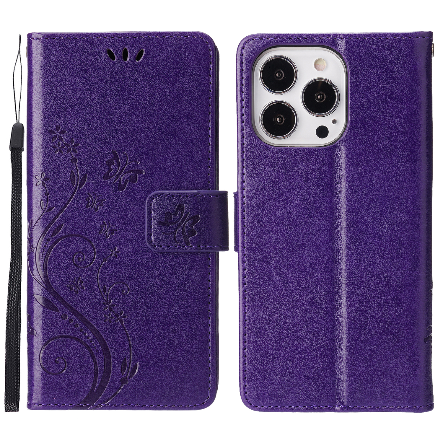 

Butterflies Pattern Imprinting Leather Case Wallet Stand Cover with Wrist Strap for iPhone 13 Pro Max 6.7 inch - Dark Purple, iPhone 13 Pro Max