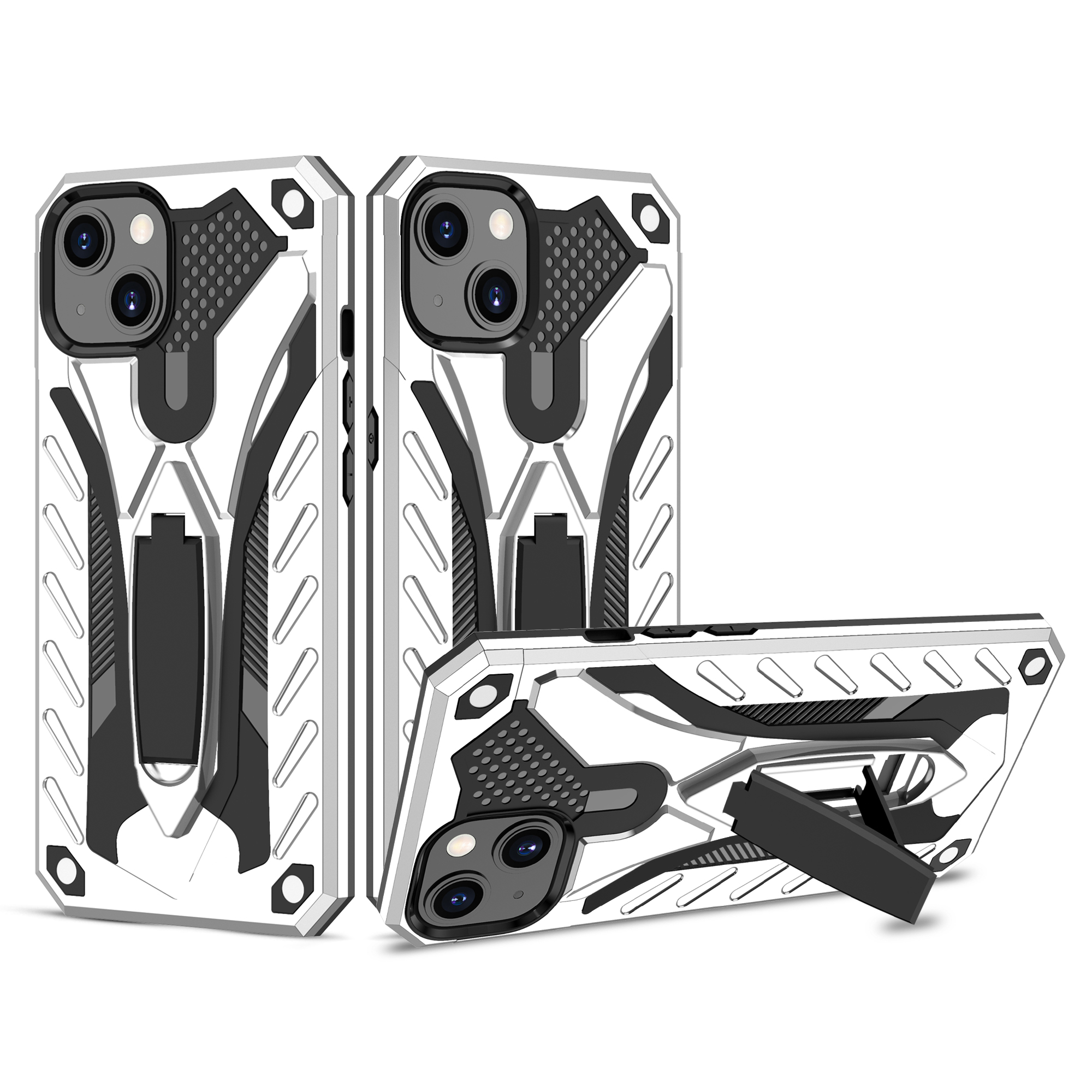 

Phantom Knight Style Soft TPU + PC Hybrid Full-Body Stylish Shockproof Protective Phone Case with Kickstand for iPhone 13 Pro Max 6.7 inch - Silver, iPhone 13 Pro Max
