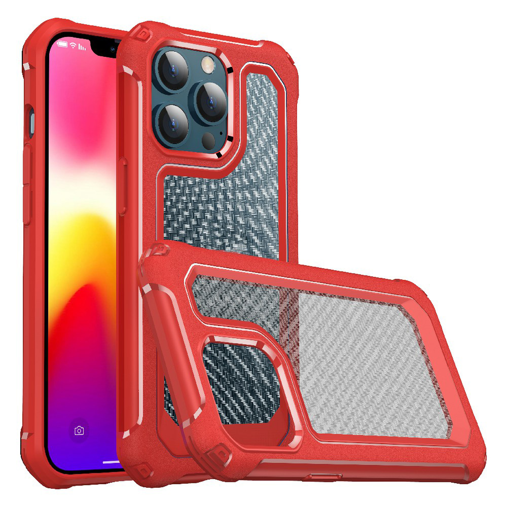

Shockproof 2-in-1 Hybrid Hard PC Flexible TPU Bumper Carbon Fiber Texture Protective Case for iPhone 13 Pro Max 6.7 inch - Red, iPhone 13 Pro Max