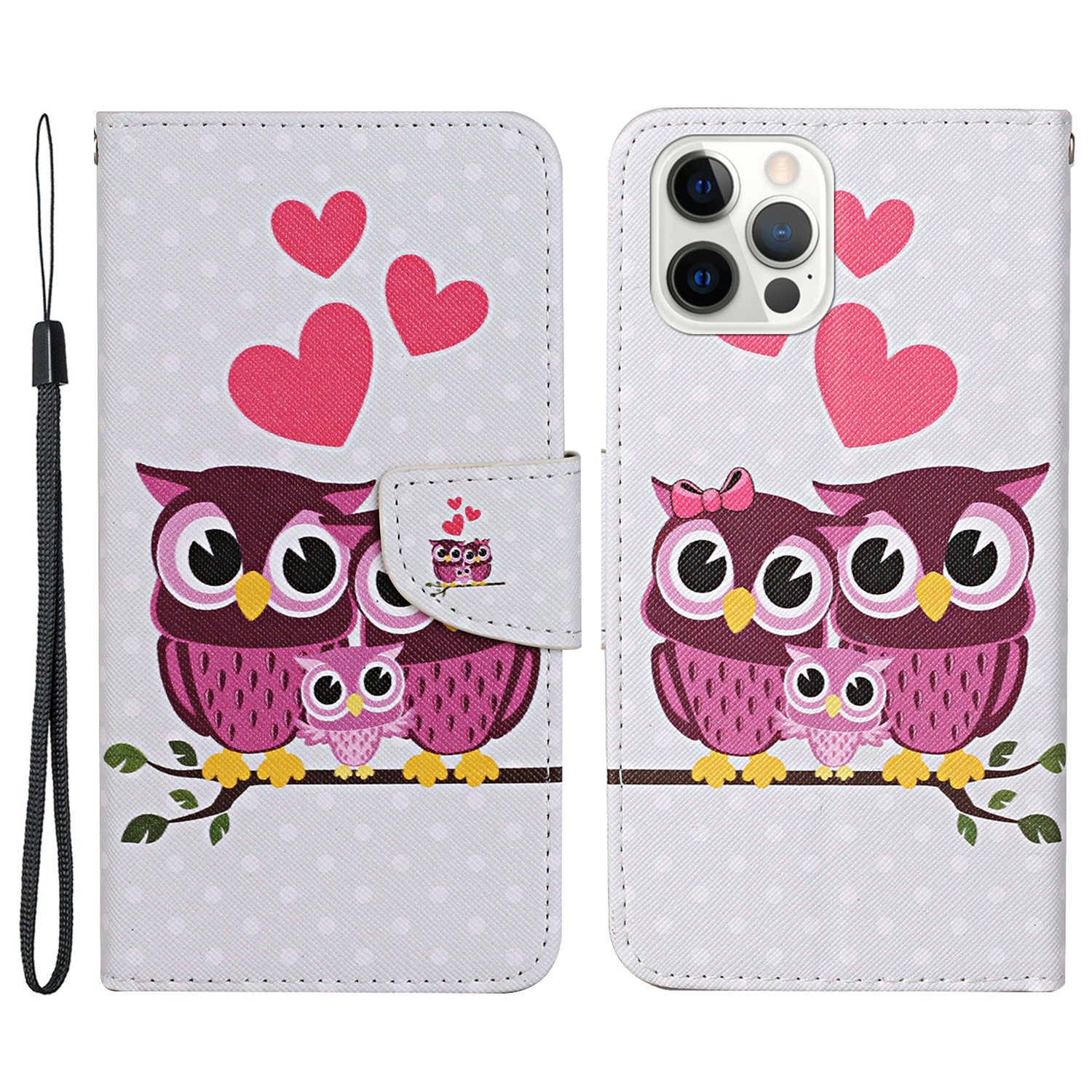 

Pattern Printing Leather Phone Wallet Cover Stand Case with Strap for iPhone 13 Pro 6.1 inch - Owl and Heart, iPhone 13 Pro