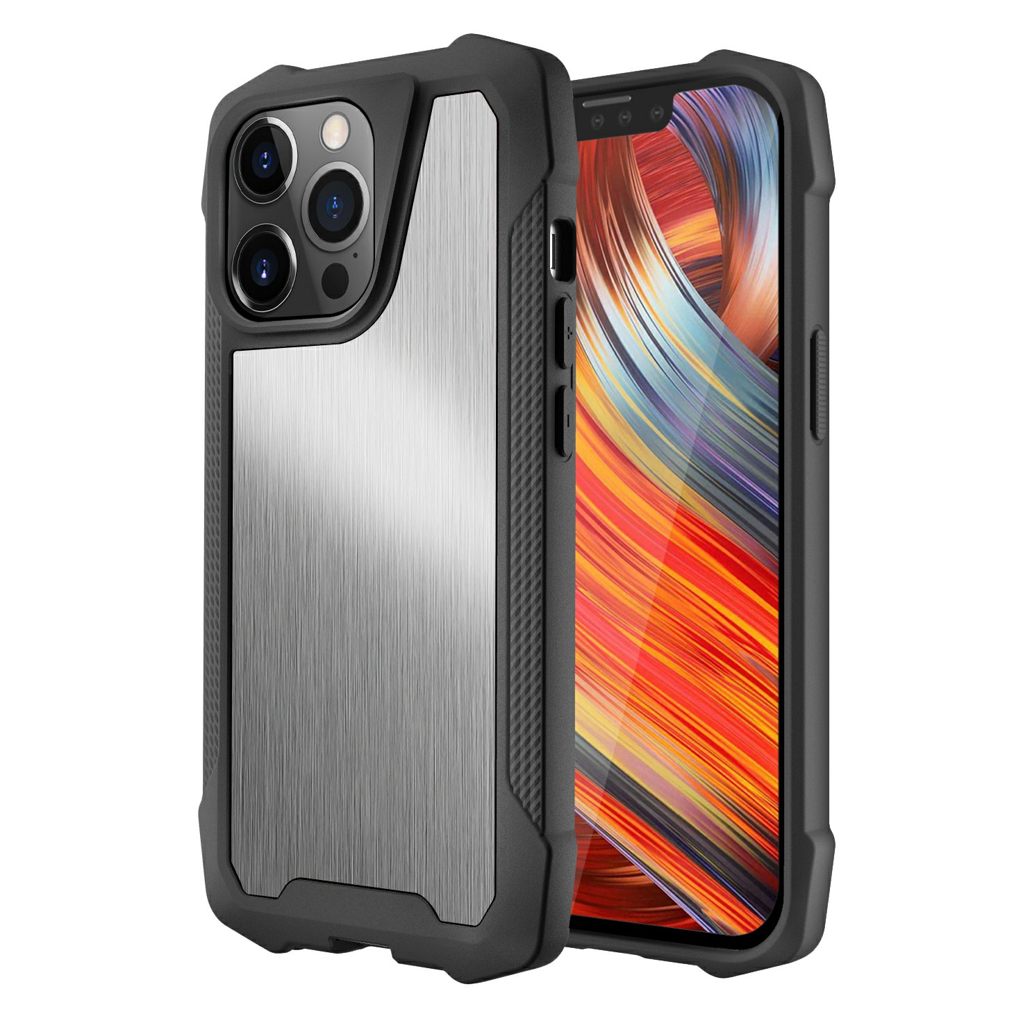 

Stylish Metal Back Panel Plastic + TPU Hybrid Cover for iPhone 13 Pro 6.1 inch - Brushed/Silver, iPhone 13 Pro