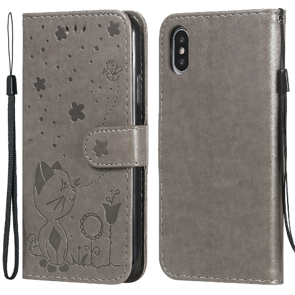 

For iPhone X/XS KT Imprinting Flower Series-4 Imprinted Cat and Bee Pattern PU Leather Phone Case Stand Cover - Grey, iPhone X