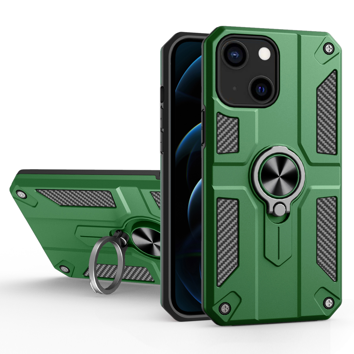 

Heavy Duty Dual Layer Hard PC Soft TPU Full Body Protective Cover Case with 360 Degree Rotatable Kickstand for iPhone 13 mini 5.4 inch - Blackish Green, iPhone 13 mini
