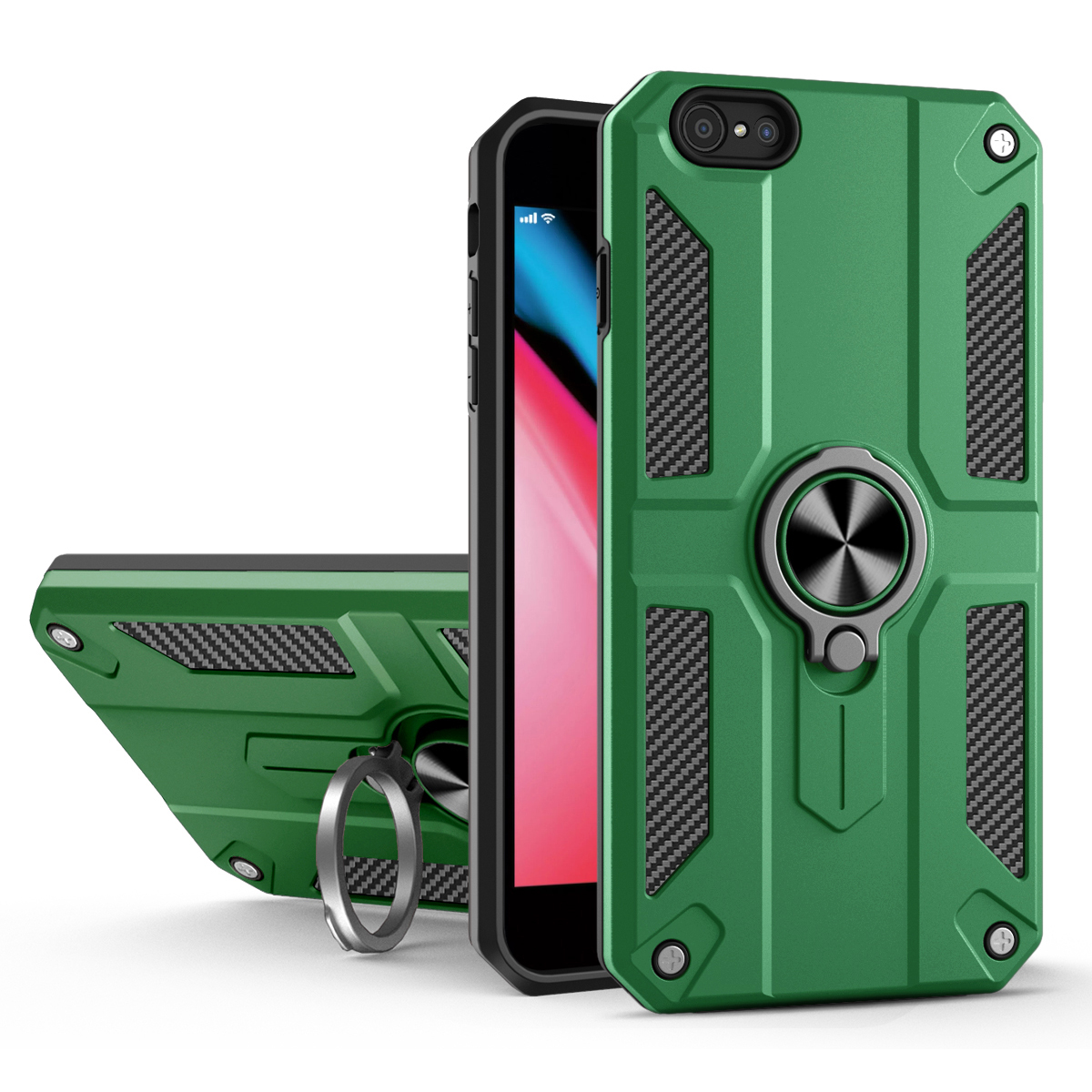 

двухслойный 2 в 1 жесткий пк + soft tpu shockprotepo protection case с держателем кольца для iphone 7 4,7 дюйма/8 4,7 дюйма/se (2020)/se (2022) - черно -зеленый, iPhone SE (2022)