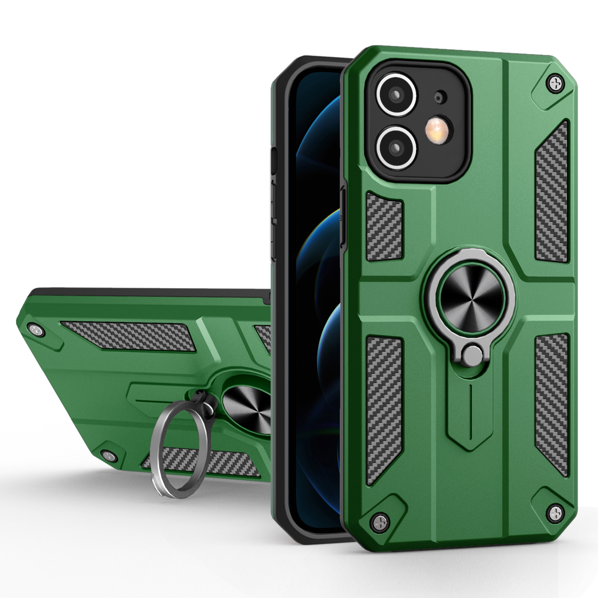 

Anti-Drop Hard PC Back + Soft Edge Edge Shock-reseact Case с Кольцевой Подставкой Для Iphone 12 Mini 5,4 Дюйма - Черно -зеленый, iPhone 12 mini