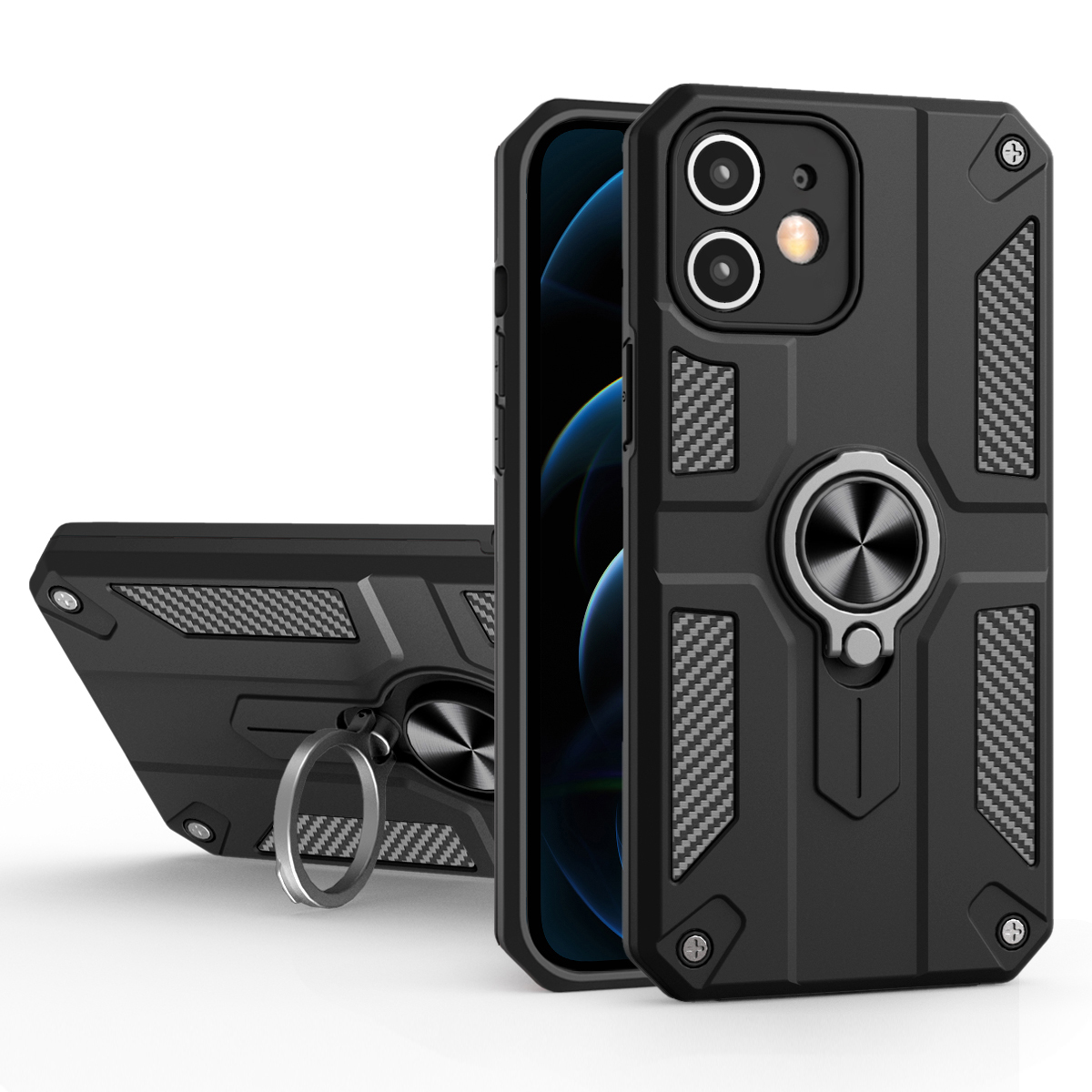 

Shockproof Soft TPU Hard PC Dual Layer Protective Case with Ring Kickstand for iPhone 12 6.1 inch - Black, iPhone 12