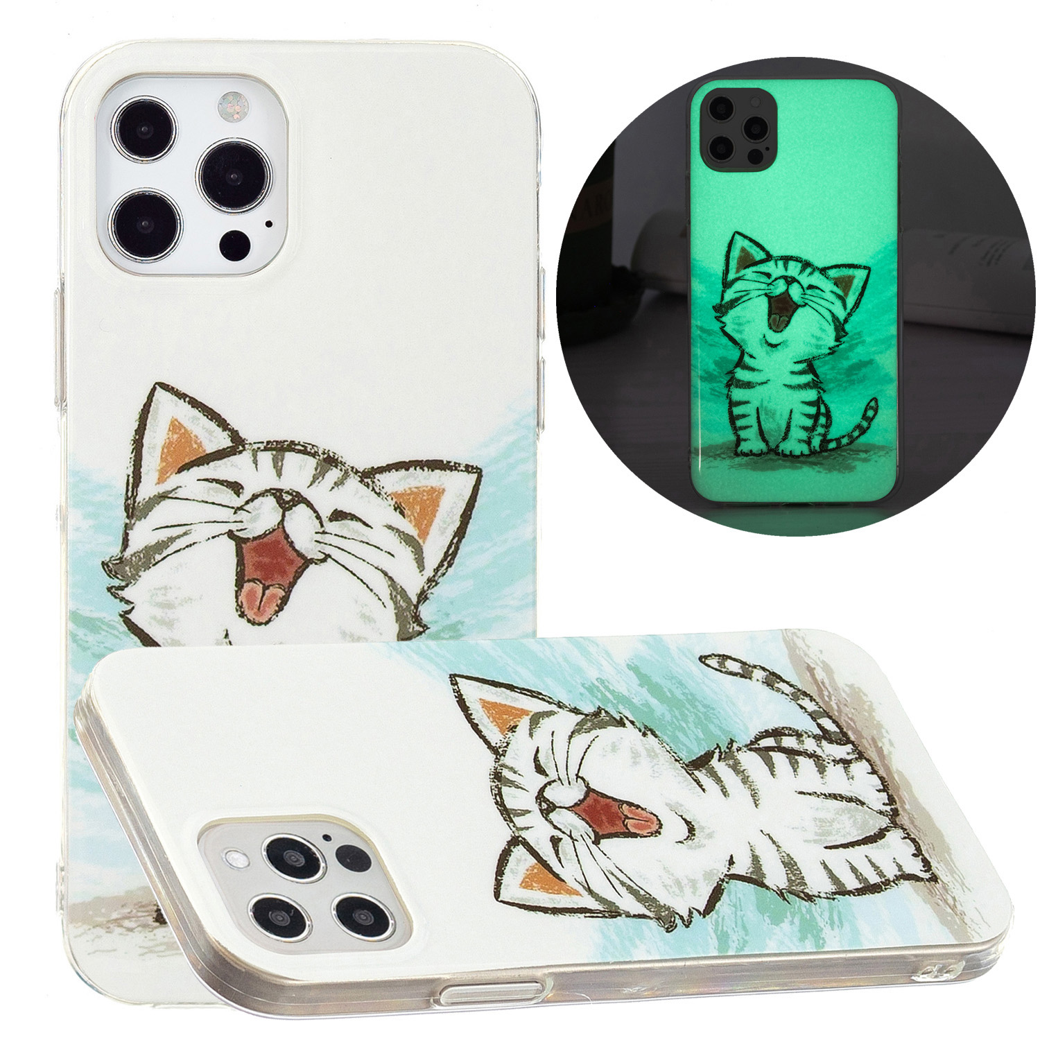

Shockproof Luminous Glow In Dark TPU Case Mobile Phone Cover Shell for iPhone 13 Pro Max 6.7 inch - Happy Cat, iPhone 13 Pro Max