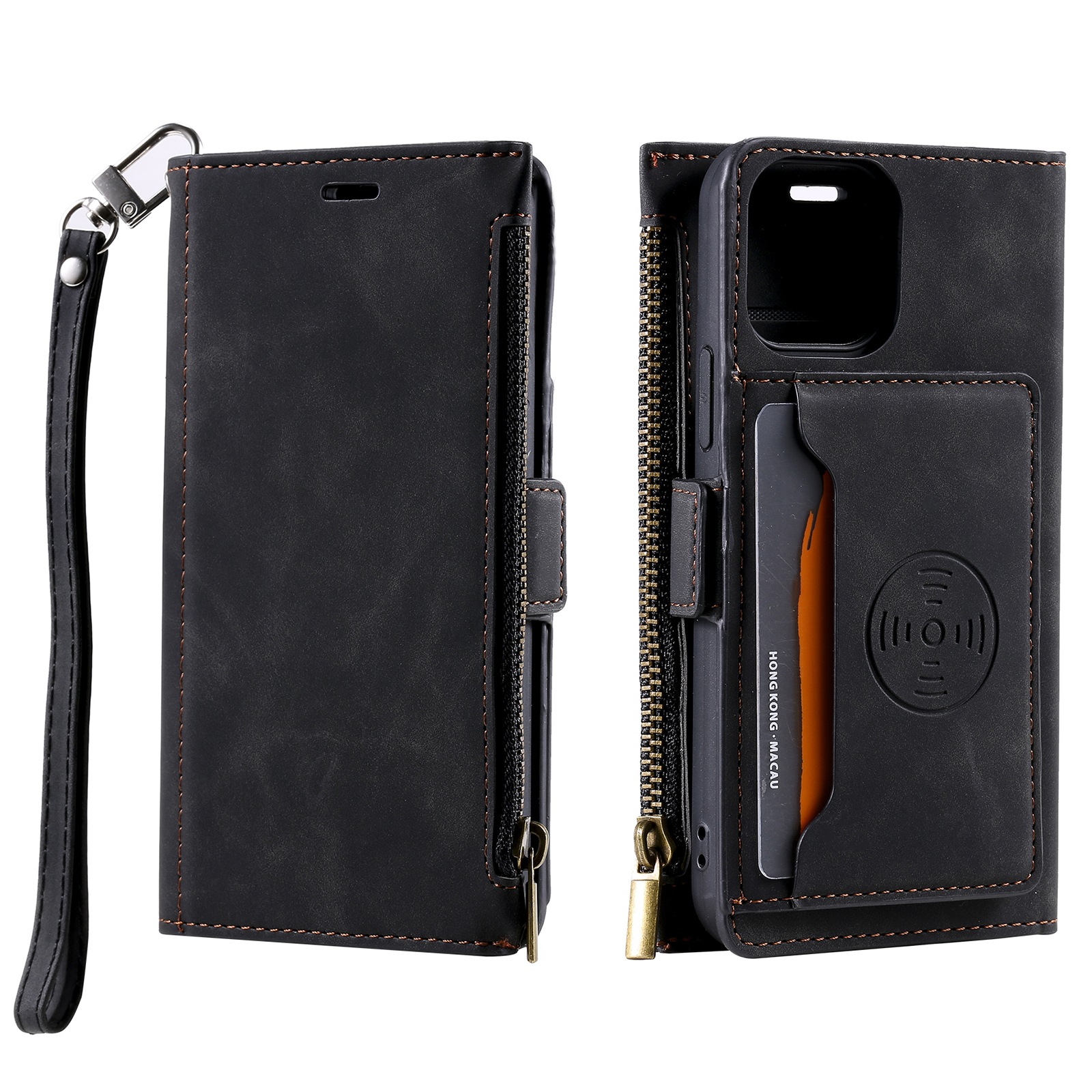 

Muti-function Zipper Leather Wallet Case with Strap for iPhone 13 Pro Max 6.7 inch - Black, iPhone 13 Pro Max