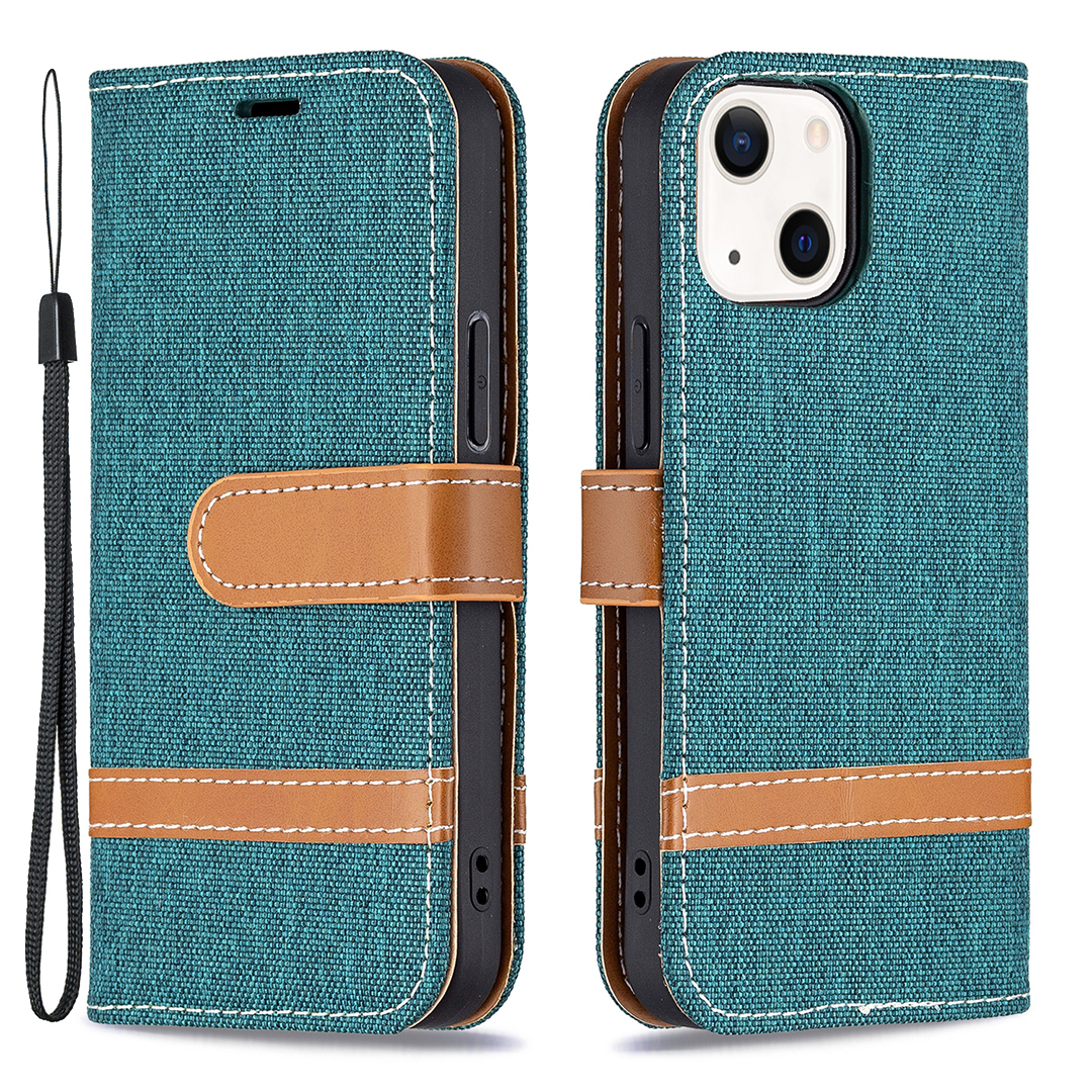 

Contrast Color Jeans Cloth Wallet Удобный Ремешок с Кожаным Телефона Cover Cope Cope Cash с Подставкой Для Iphone 13 Mini 5,4 Дюйма - Зеленый, iPhone 13 mini