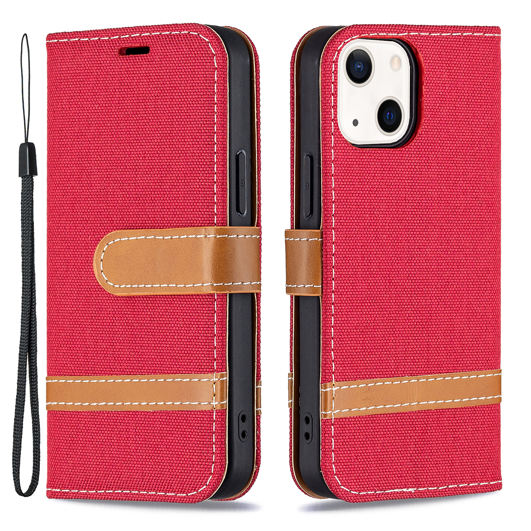 

Contrast Color Jeans Cloth Wallet Handy Strap Coated PU Leather Phone Case Cover with Stand for iPhone 13 mini 5.4 inch - Red, iPhone 13 mini