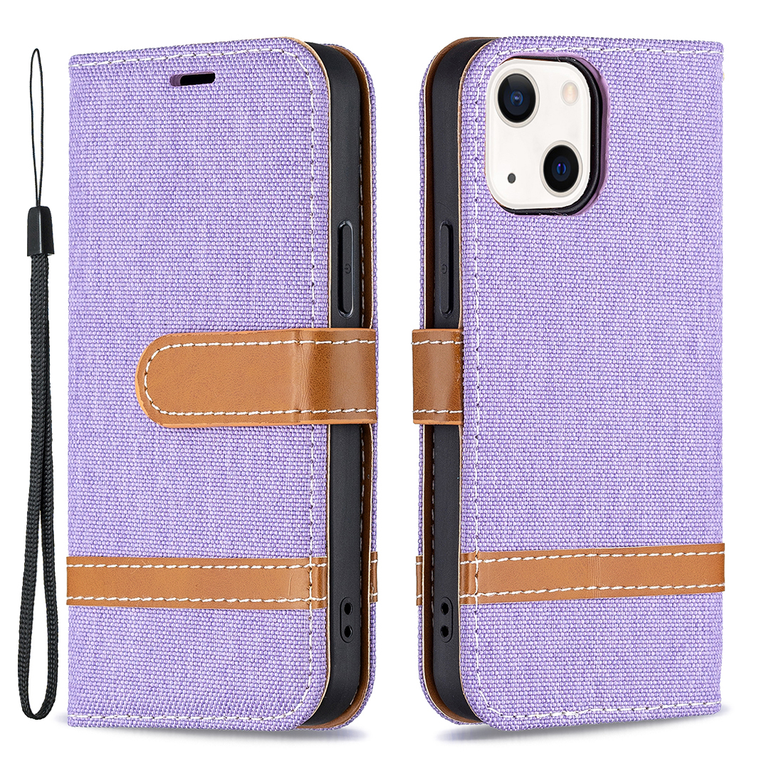 

Contrast Color Jeans Cloth Wallet Удобный Ремешок с Кожаным Телефона Cover Cope Cope Cash с Подставкой Для Iphone 13 Mini 5,4 Дюйма - Пурпурный, iPhone 13 mini