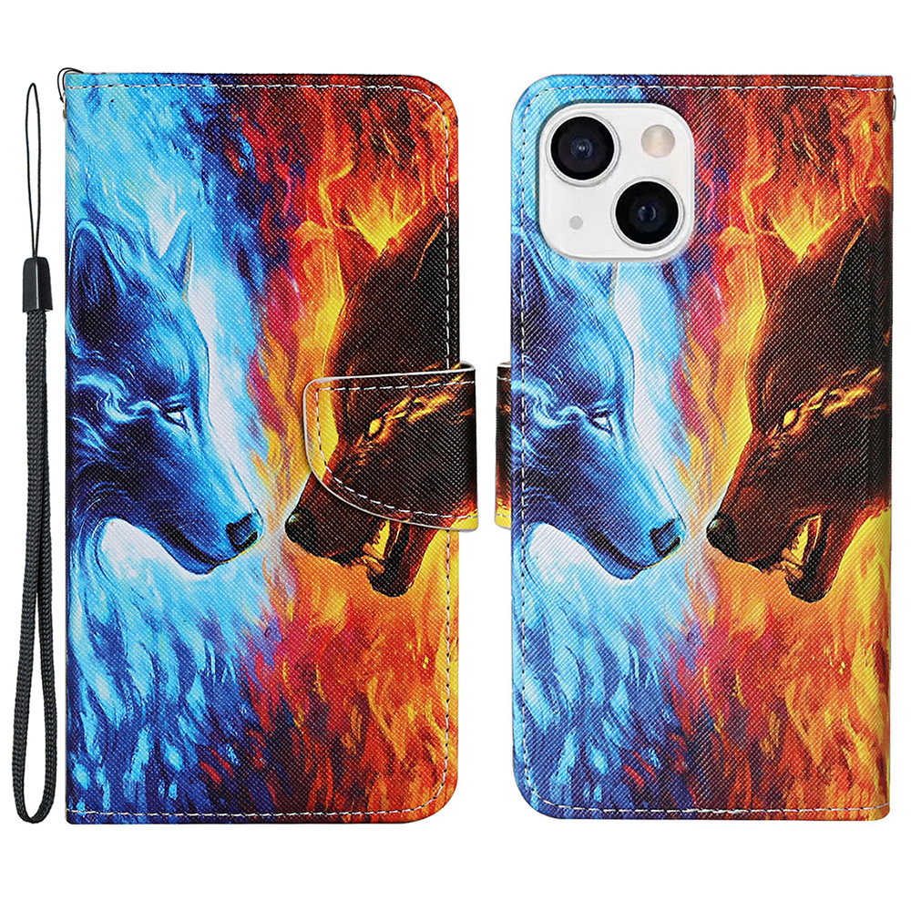 

Pattern Printing Wallet Wrist Strap Protective PU Leather Phone Case Shell with Stand for iPhone 13 mini 5.4 inch - Wolf, iPhone 13 mini