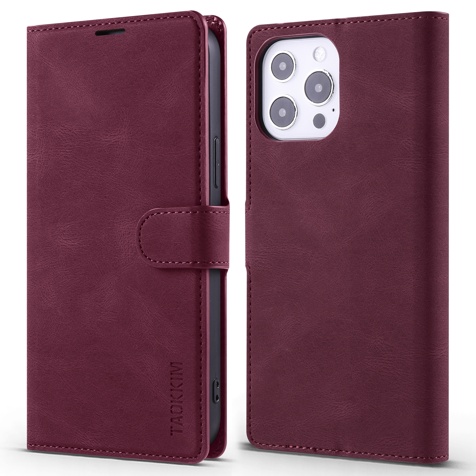 

TAOKKIM Drop-resistant Protective Leather Wallet Case with Stand for iPhone 13 Pro 6.1 inch - Wine Red, iPhone 13 Pro