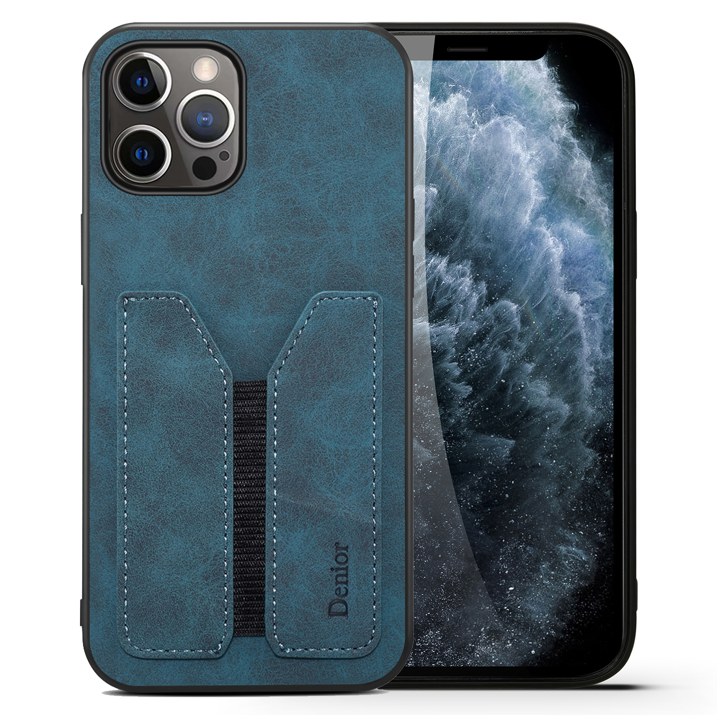 

PU Кожаный Покрытый Кожаный Бампер TPU + Hard PC Hybrid Protective Case с Эластичным Слотом Для Карты Для Iphone 13 Pro Max 6,7 Дюйма - Синий, iPhone 13 Pro Max