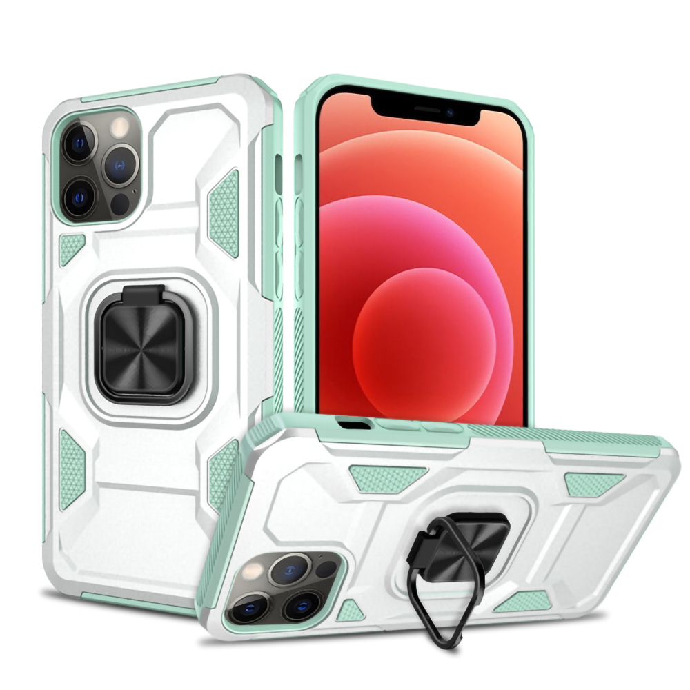 

Ring Holder Kickstand Design Heavy Duty TPU Bumper + Hard PC Shock-Absorbing Cover for iPhone 12 Pro Max 6.7 inch - Silver/Finland Green, iPhone 12 Pro Max