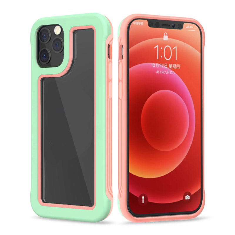 

2-в-1 Contrast Color Rame TPU + пк Clear Back Phone Case Для Iphone 12 Pro Max 6,7 Дюйма - Matcha Green/Peach Pink, iPhone 12 Pro Max