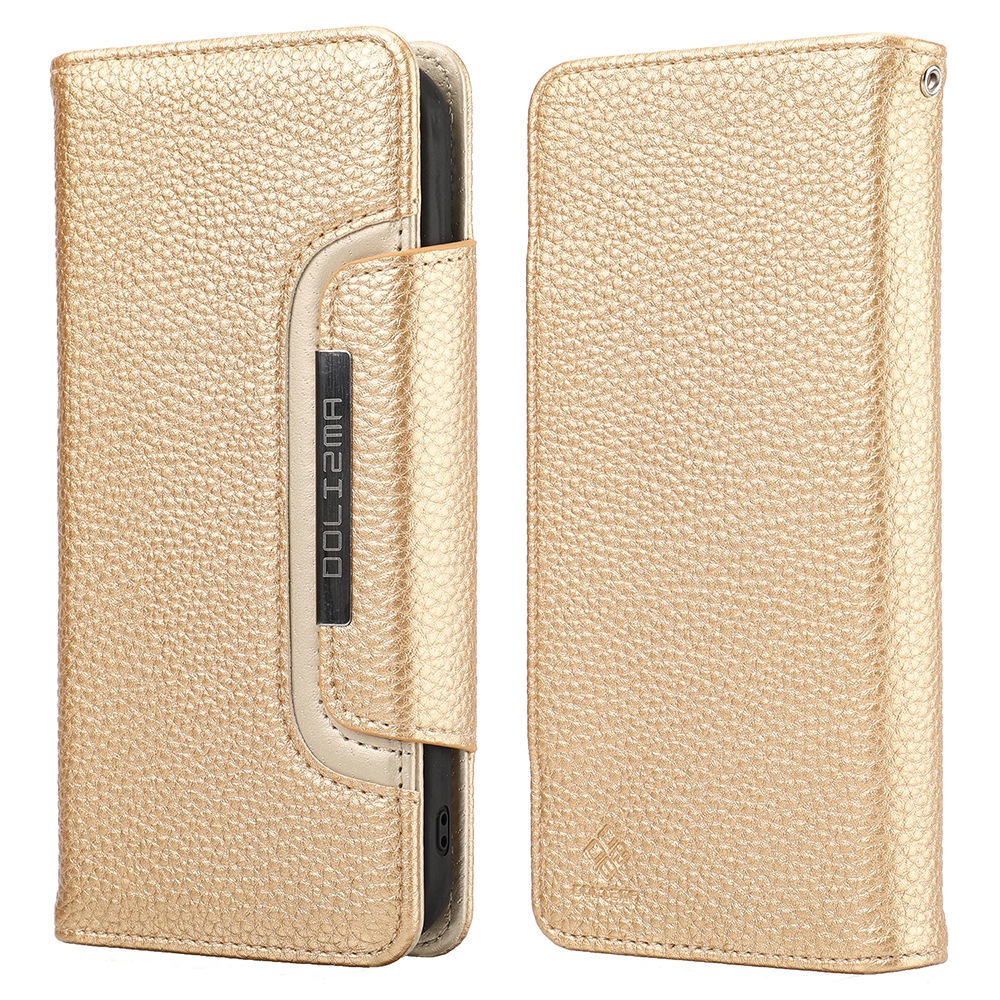 

Litchi Texture Wallet Stand Design Detachable Leather Phone Shell Case for iPhone 13 Pro Max 6.7 inch - Gold, iPhone 13 Pro Max