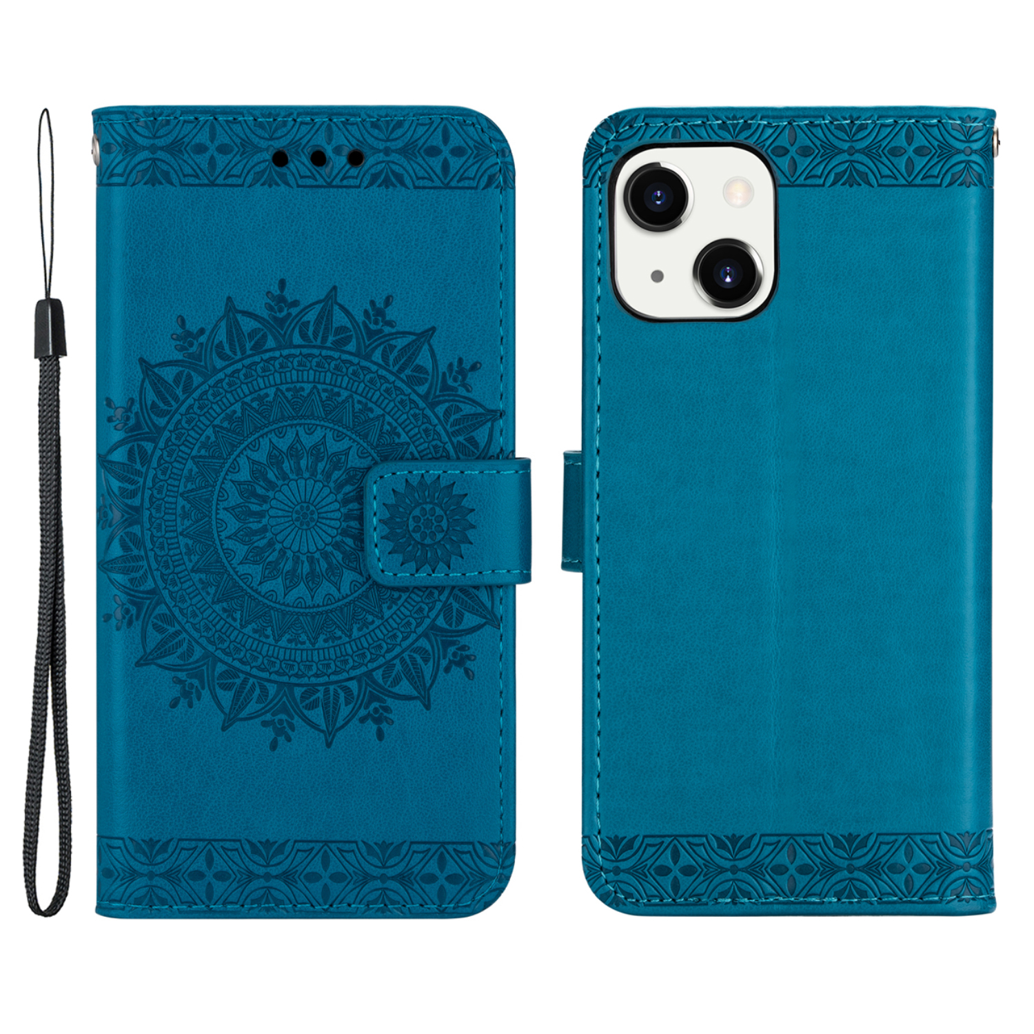 

Imprinted Mandala Flower Wallet Stand Leather Protective Cover Case with Wrist Strap for iPhone 13 mini 5.4 inch - Blue, iPhone 13 mini