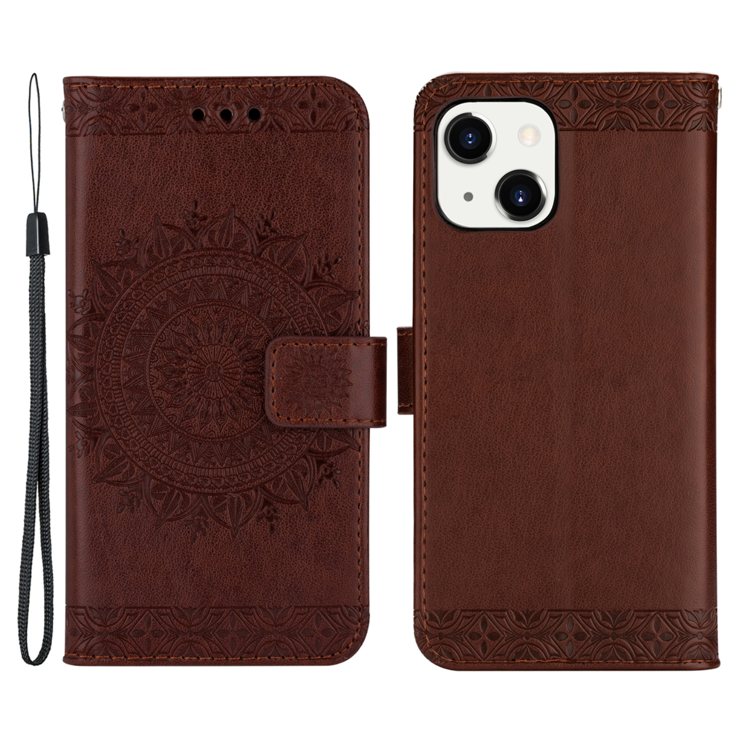 

Imprinted Mandala Flower Wallet Stand Leather Protective Cover Case with Wrist Strap for iPhone 13 mini 5.4 inch - Brown, iPhone 13 mini