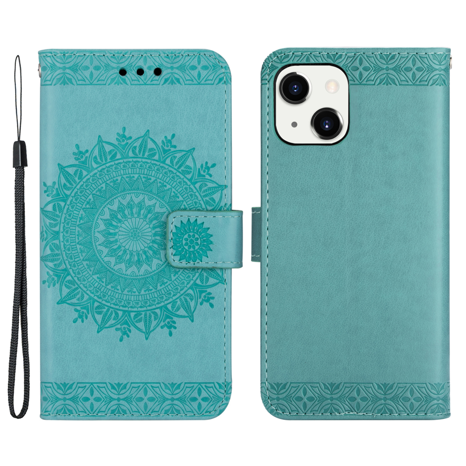 

Imprinted Mandala Flower Magnetic Closure PU Leather Wallet Cover Case with Wrist Strap for iPhone 13 6.1 inch - Green, iPhone 13