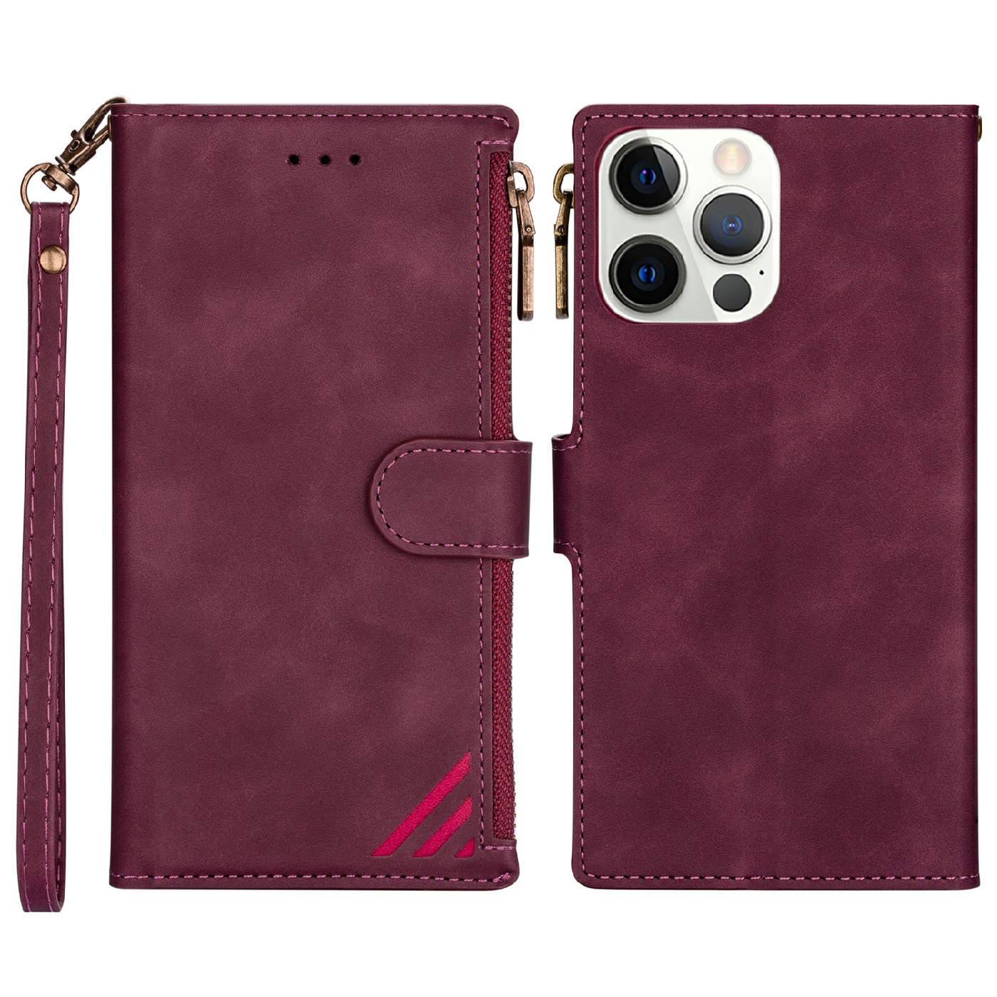 

cu Leather Case Skellet Cover с Карманом на Молнии Для Iphone 13 Pro 6,7 Дюйма - Красное Вино, iPhone 13 Pro Max