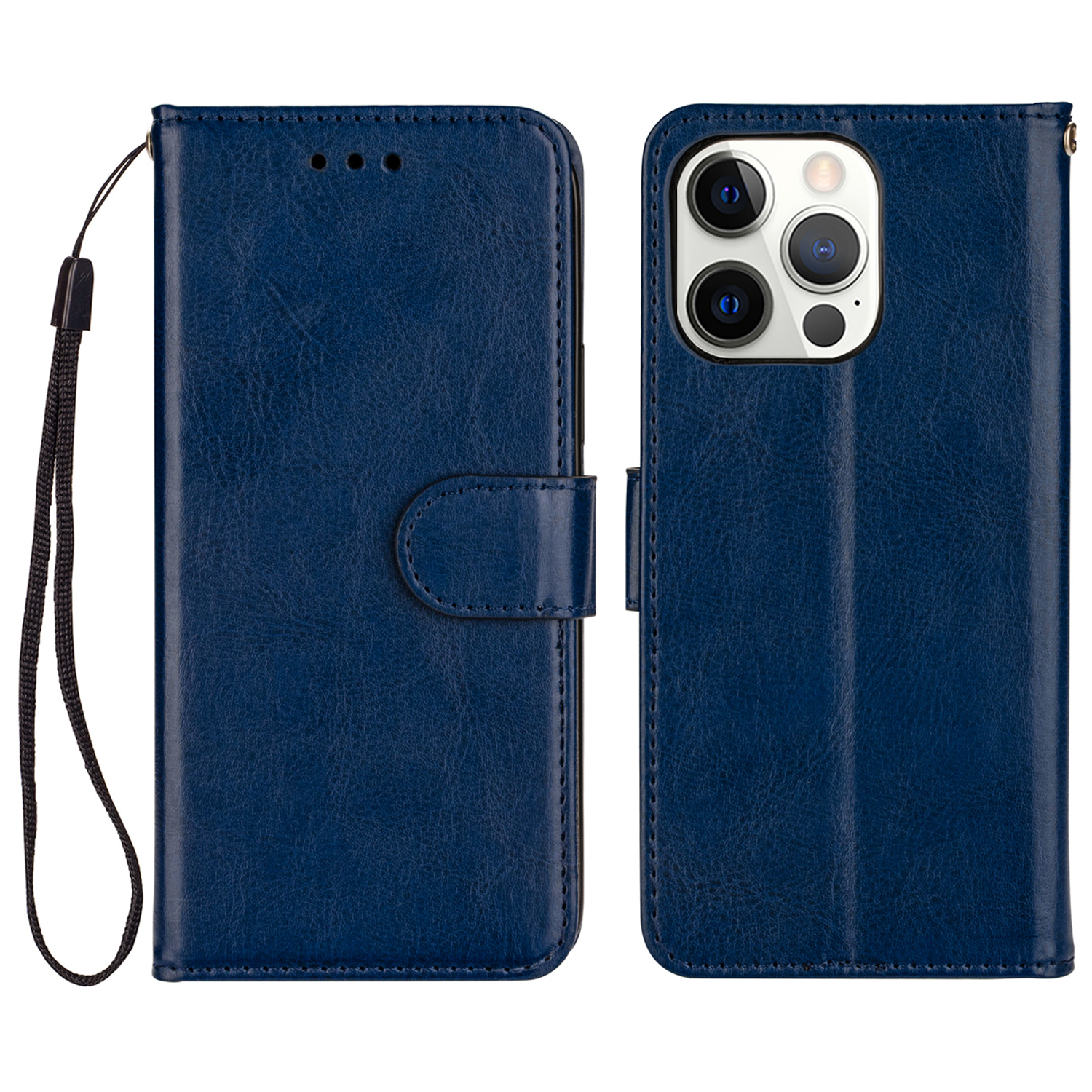 

Crazy Horse Texture PU Leather Flip Case Cover with Strap for iPhone 13 Pro Max 6.7 inch - Dark Blue, iPhone 13 Pro Max