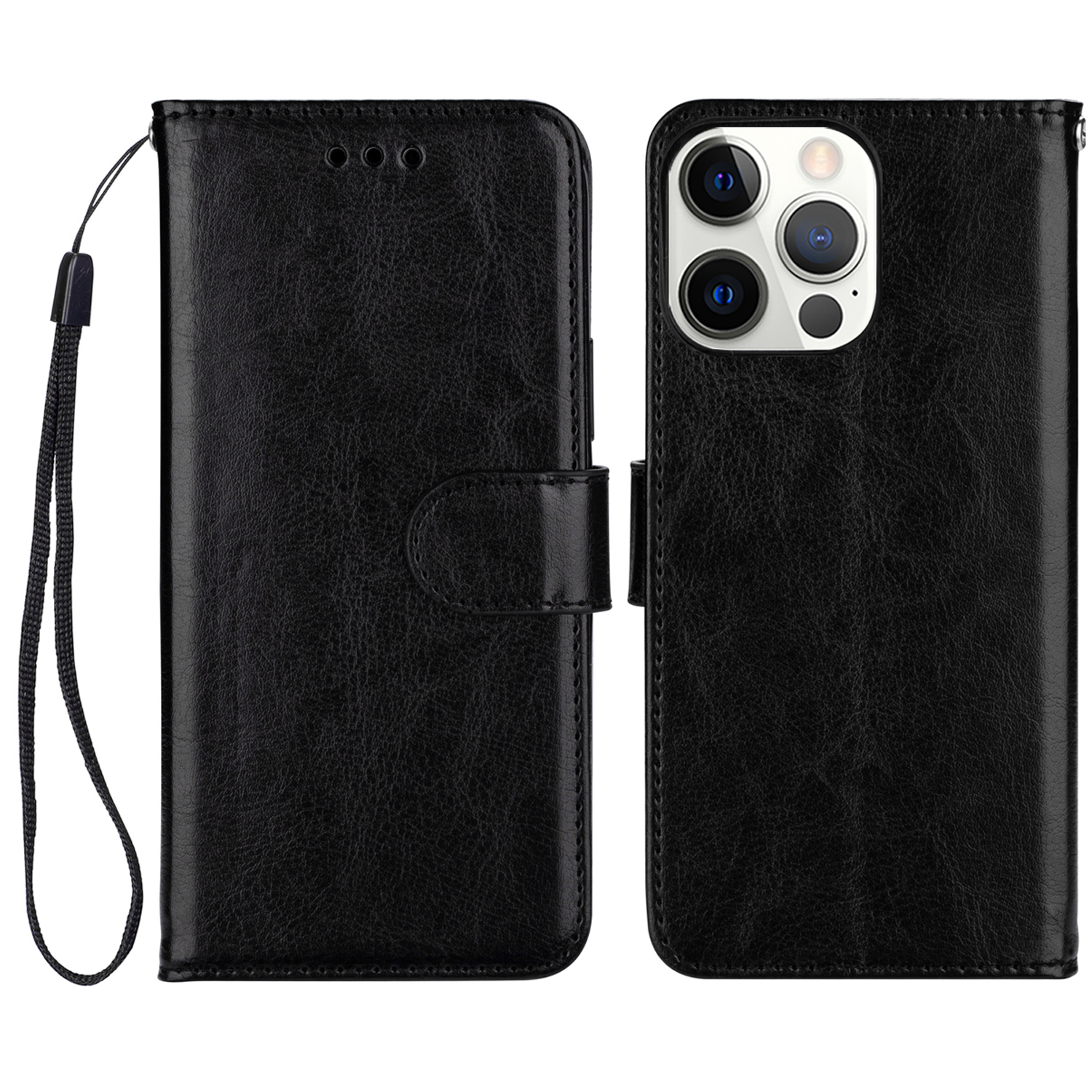 

Crazy Horse Texture PU Leather Flip Case Cover with Strap for iPhone 13 Pro Max 6.7 inch - Black, iPhone 13 Pro Max